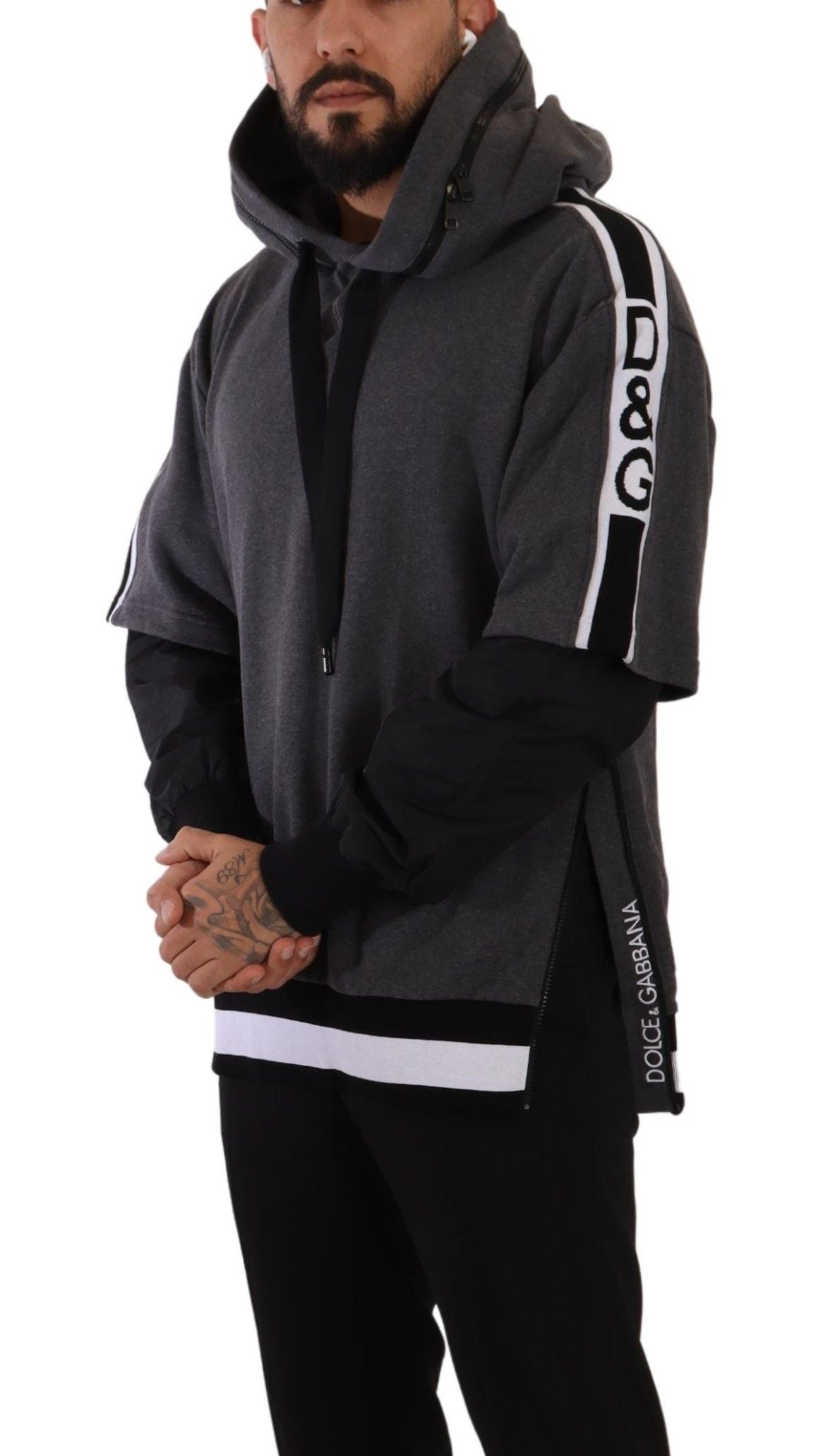 Dolce & Gabbana Gray Black Cotton Hooded #DGMILLENNIALS Sweater Dolce & Gabbana