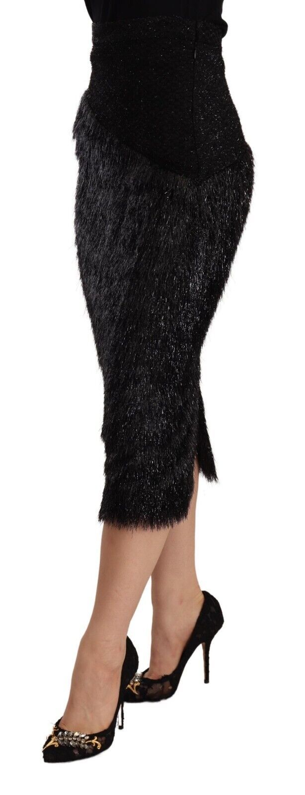 Masha Ma Black Tinsel High Waist Pencil Midi Viscose Skirt Masha Ma