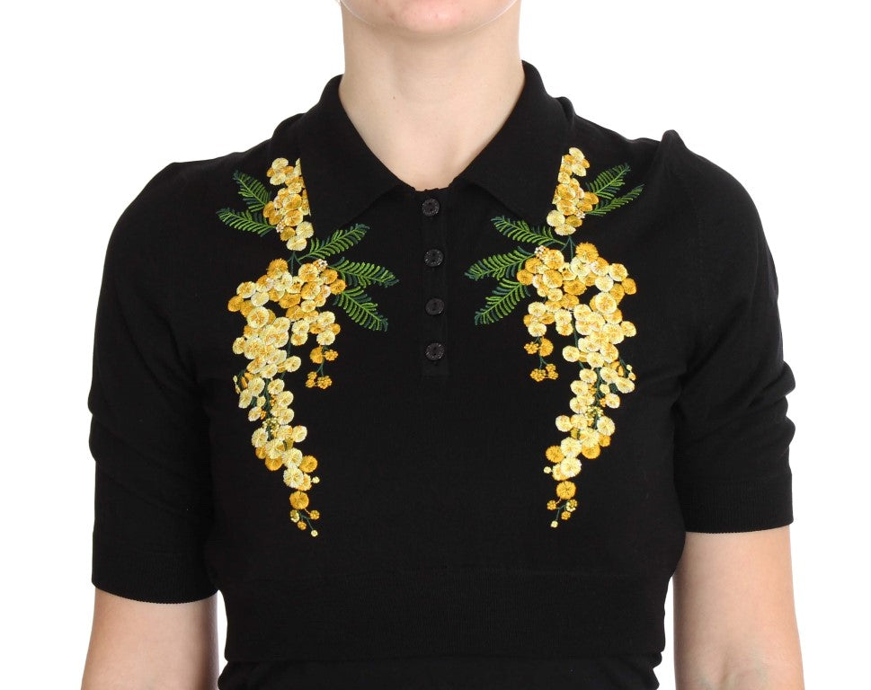 Dolce & Gabbana Black Silk Floral Embroidered Polo Top Dolce & Gabbana