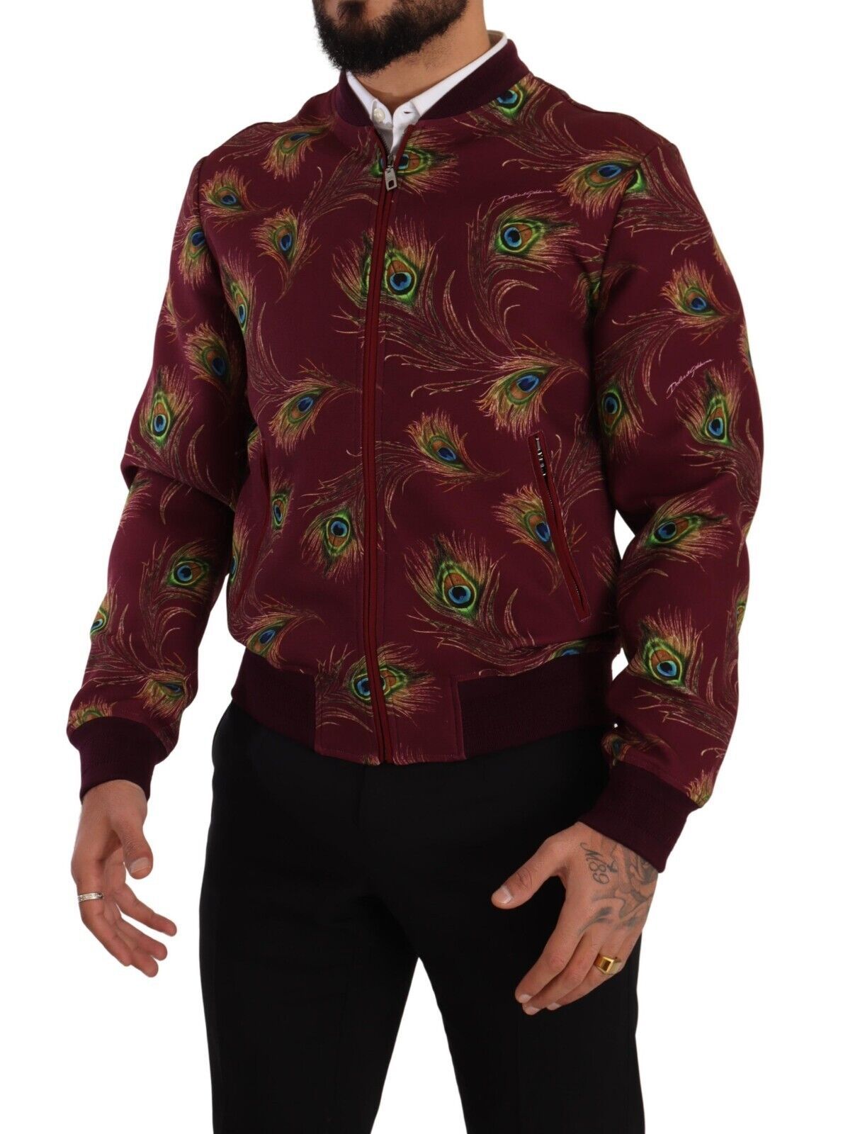 Dolce & Gabbana Red Peacock Polyester Stretch Full Zip Jacket Dolce & Gabbana