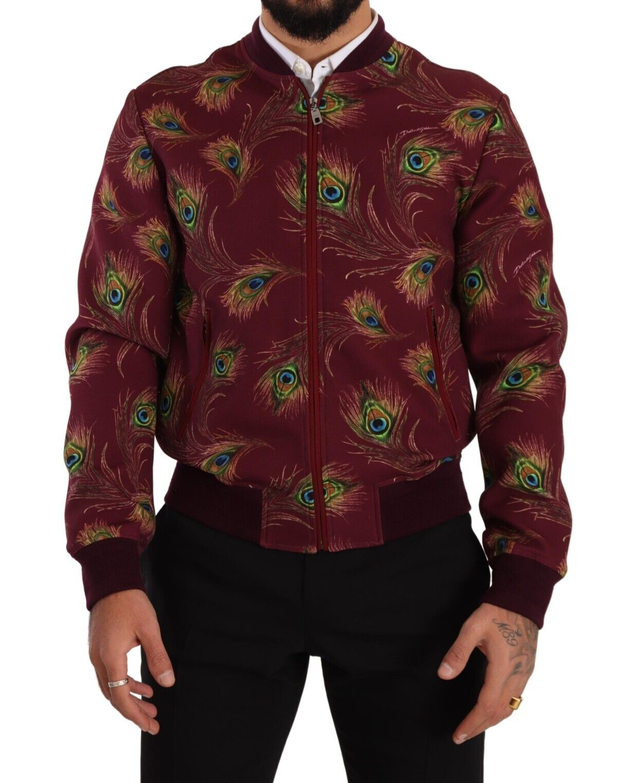 Dolce & Gabbana Red Peacock Polyester Stretch Full Zip Jacket Dolce & Gabbana