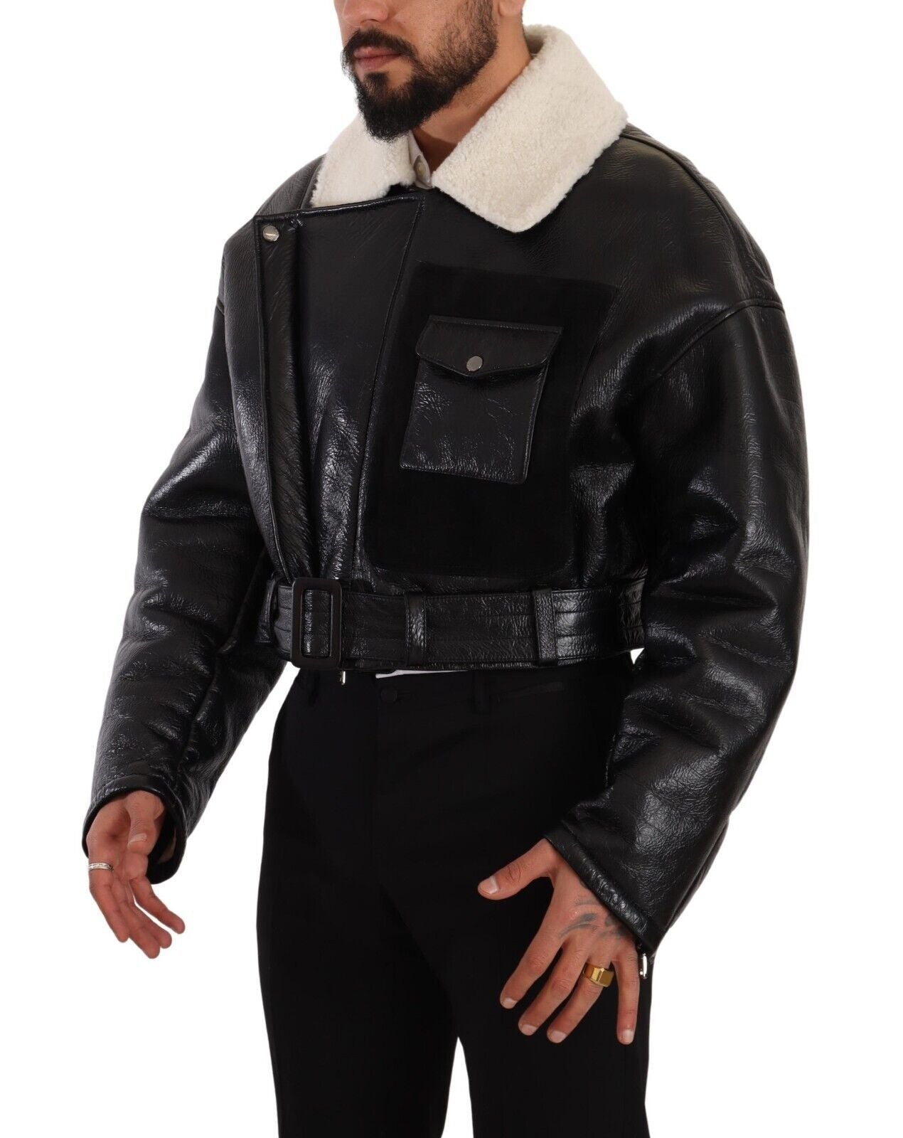 Dolce & Gabbana Black Leather Shearling Biker Coat Jacket Dolce & Gabbana