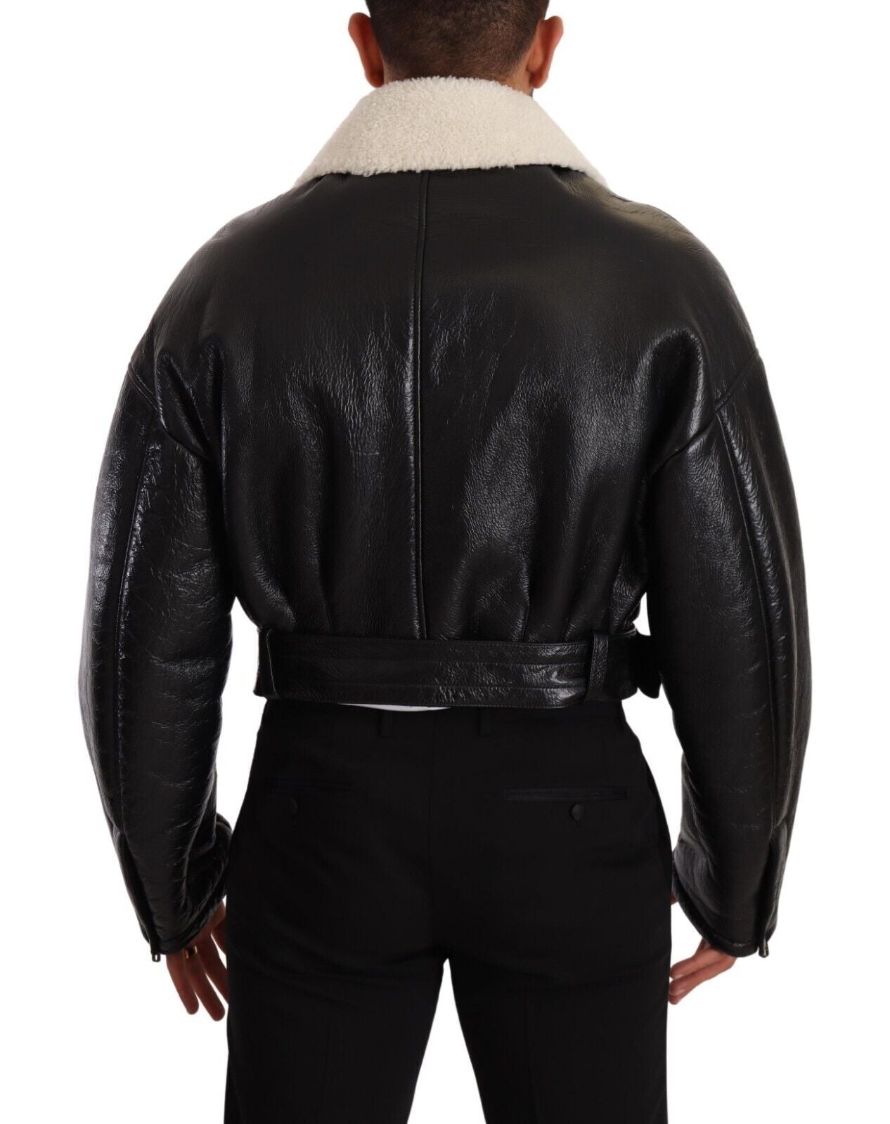 Dolce & Gabbana Black Leather Shearling Biker Coat Jacket Dolce & Gabbana