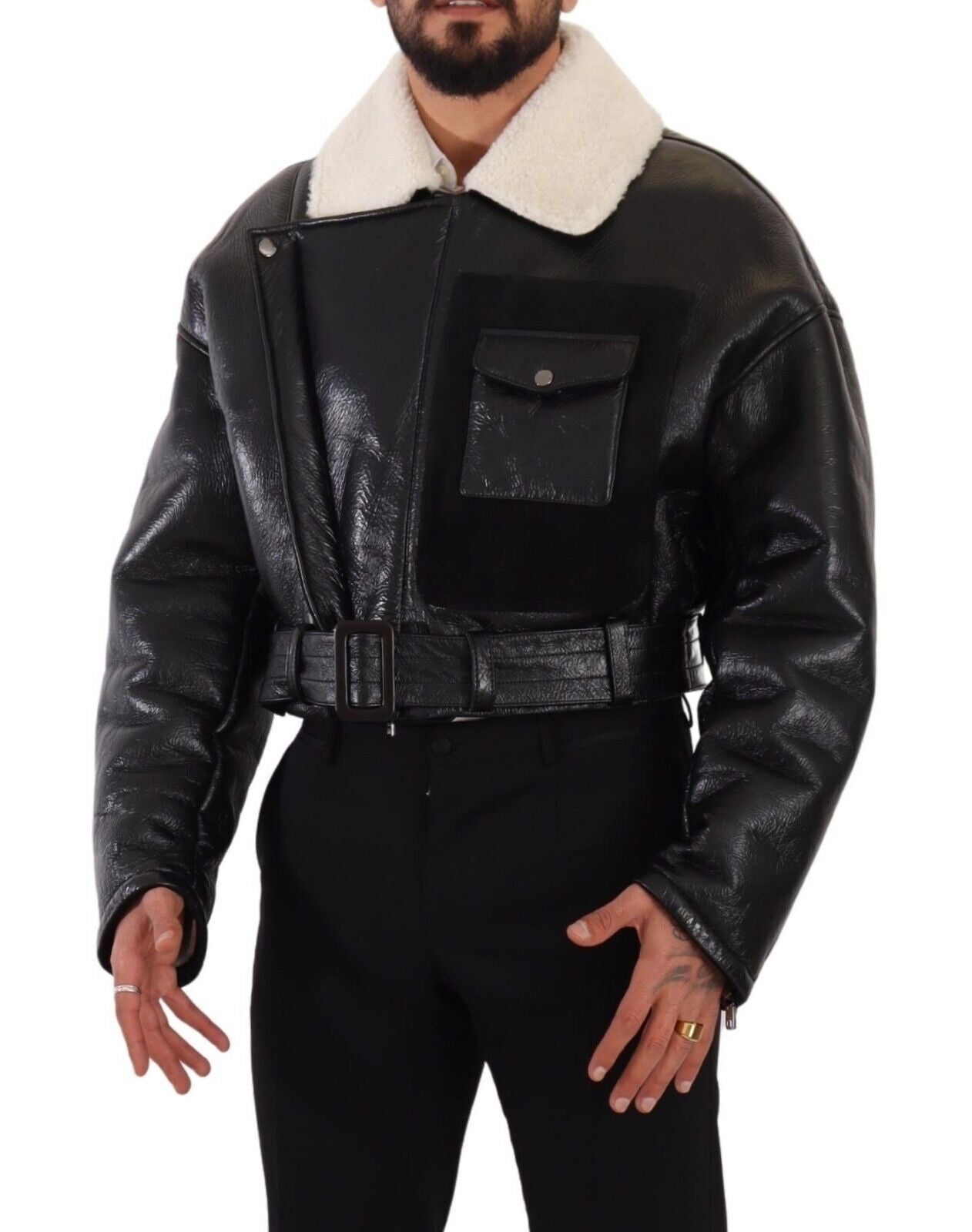 Dolce & Gabbana Black Leather Shearling Biker Coat Jacket Dolce & Gabbana