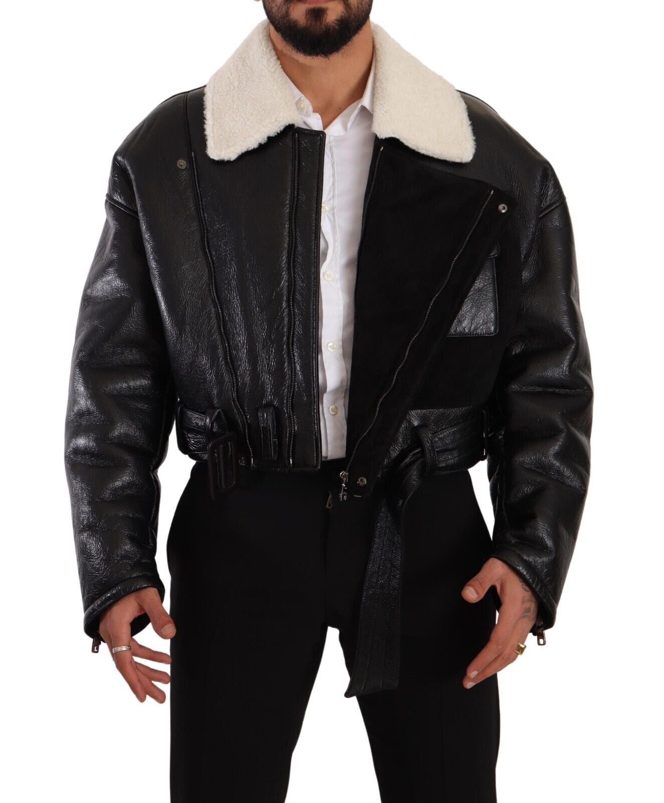 Dolce & Gabbana Black Leather Shearling Biker Coat Jacket Dolce & Gabbana