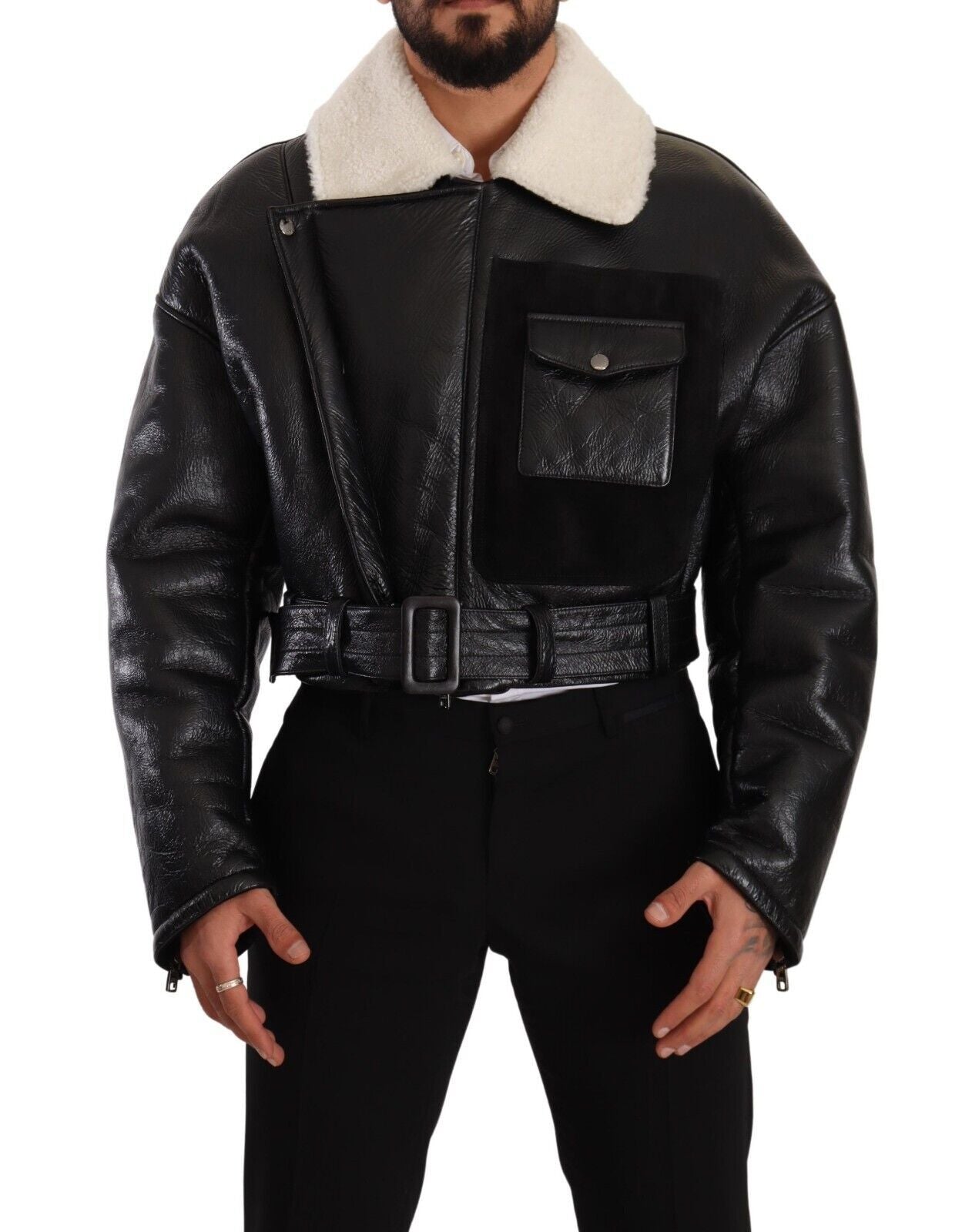 Dolce & Gabbana Black Leather Shearling Biker Coat Jacket Dolce & Gabbana
