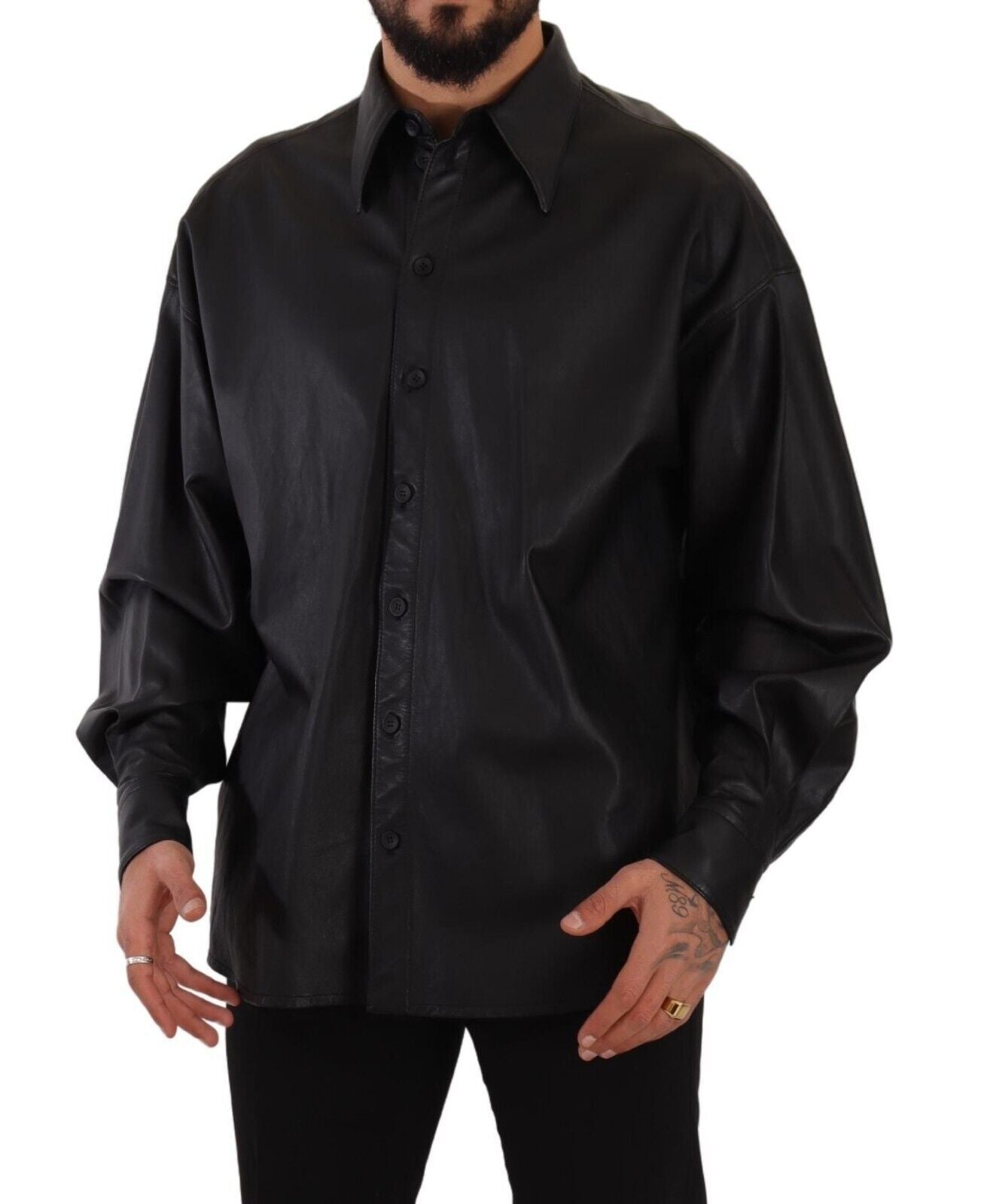 Dolce & Gabbana Black Leather Button Down Men Collared Jacket Dolce & Gabbana