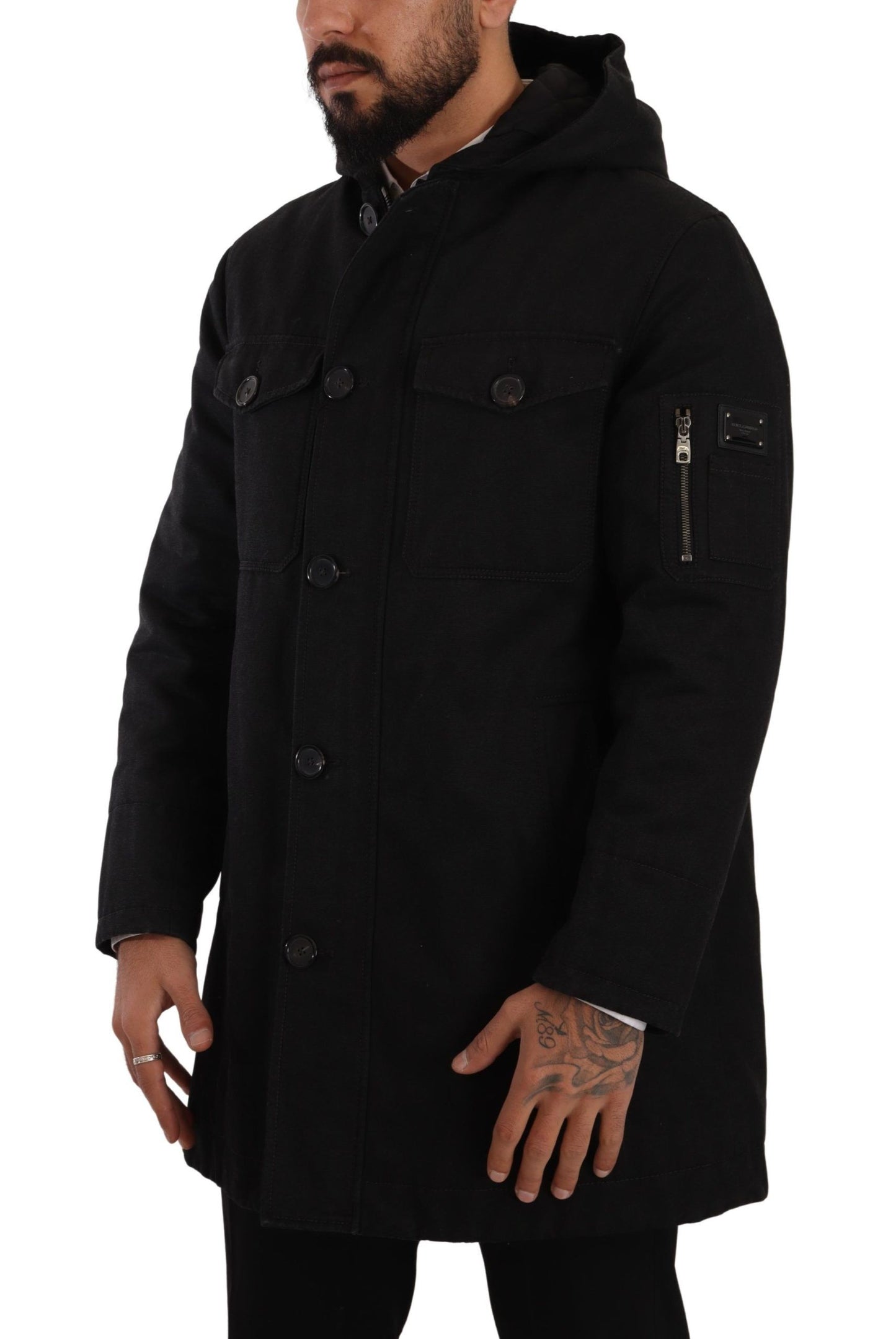 Dolce & Gabbana Black Denim Hooded Parka Coat Winter Jacket Dolce & Gabbana