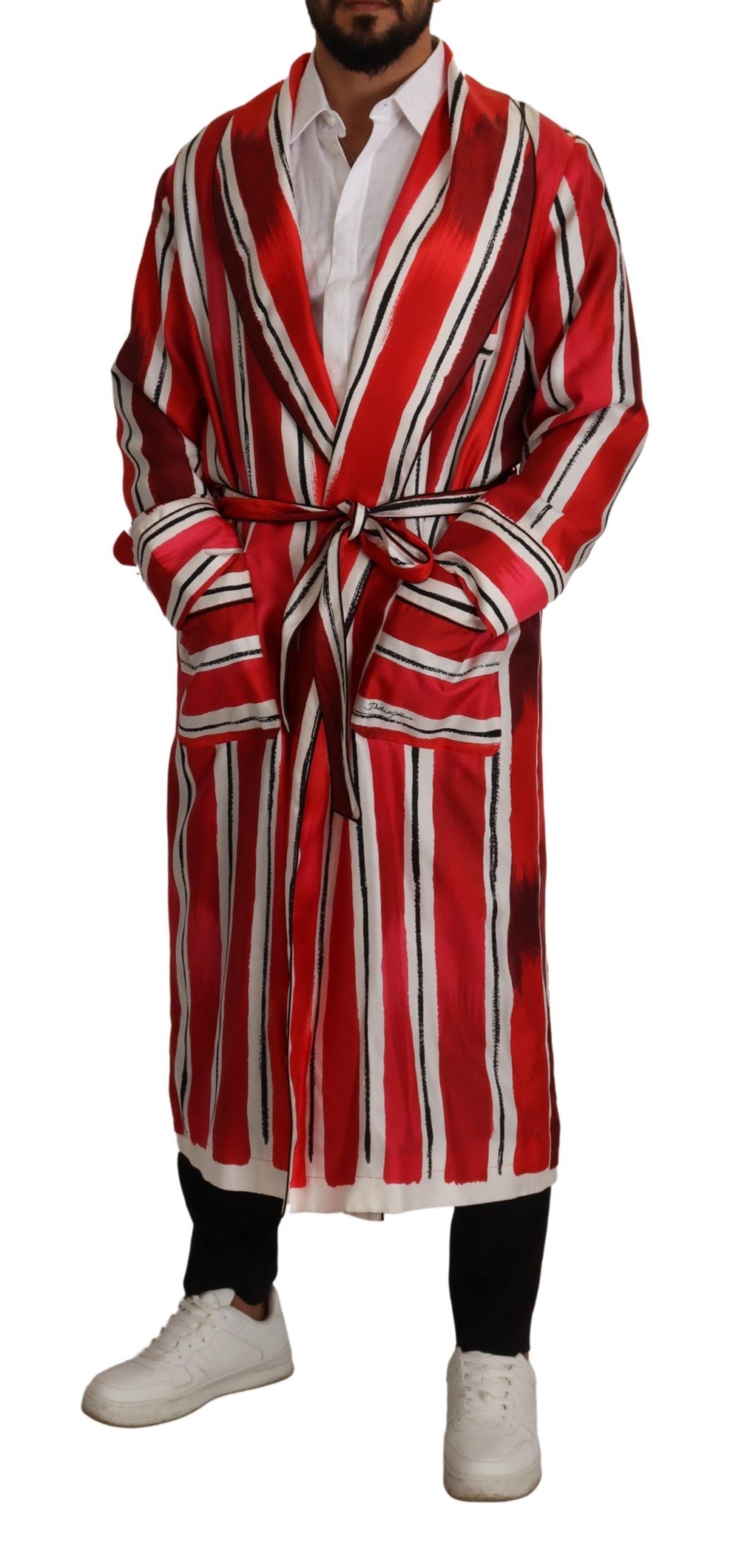 Dolce & Gabbana Red White Striped Silk Mens Night Gown Robe Dolce & Gabbana