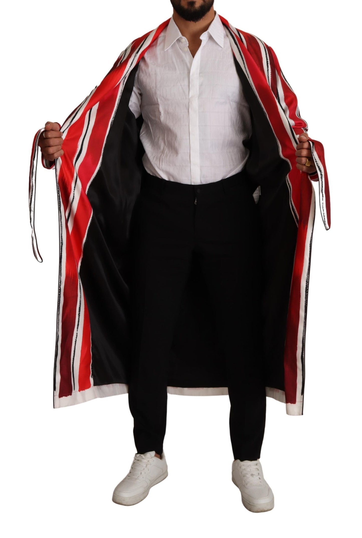 Dolce & Gabbana Red White Striped Silk Mens Night Gown Robe Dolce & Gabbana