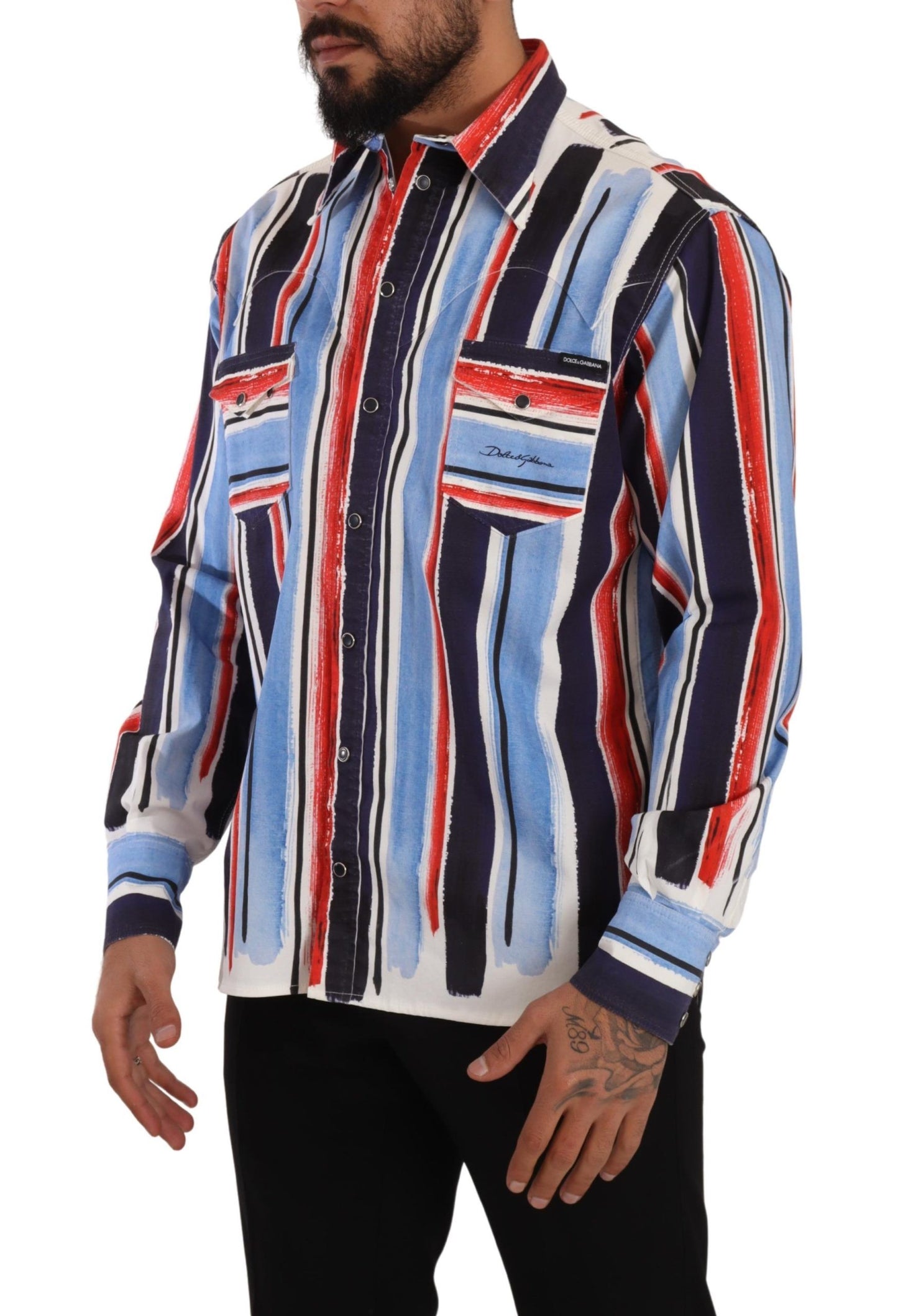 Dolce & Gabbana Red Striped Long Sleeve Cotton Shirt Blue Dolce & Gabbana