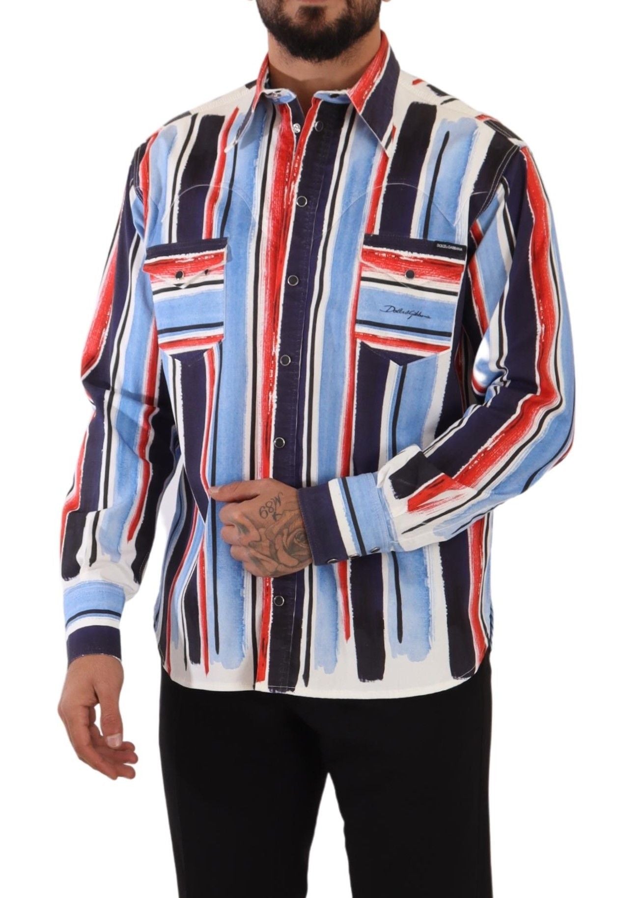 Dolce & Gabbana Red Striped Long Sleeve Cotton Shirt Blue Dolce & Gabbana