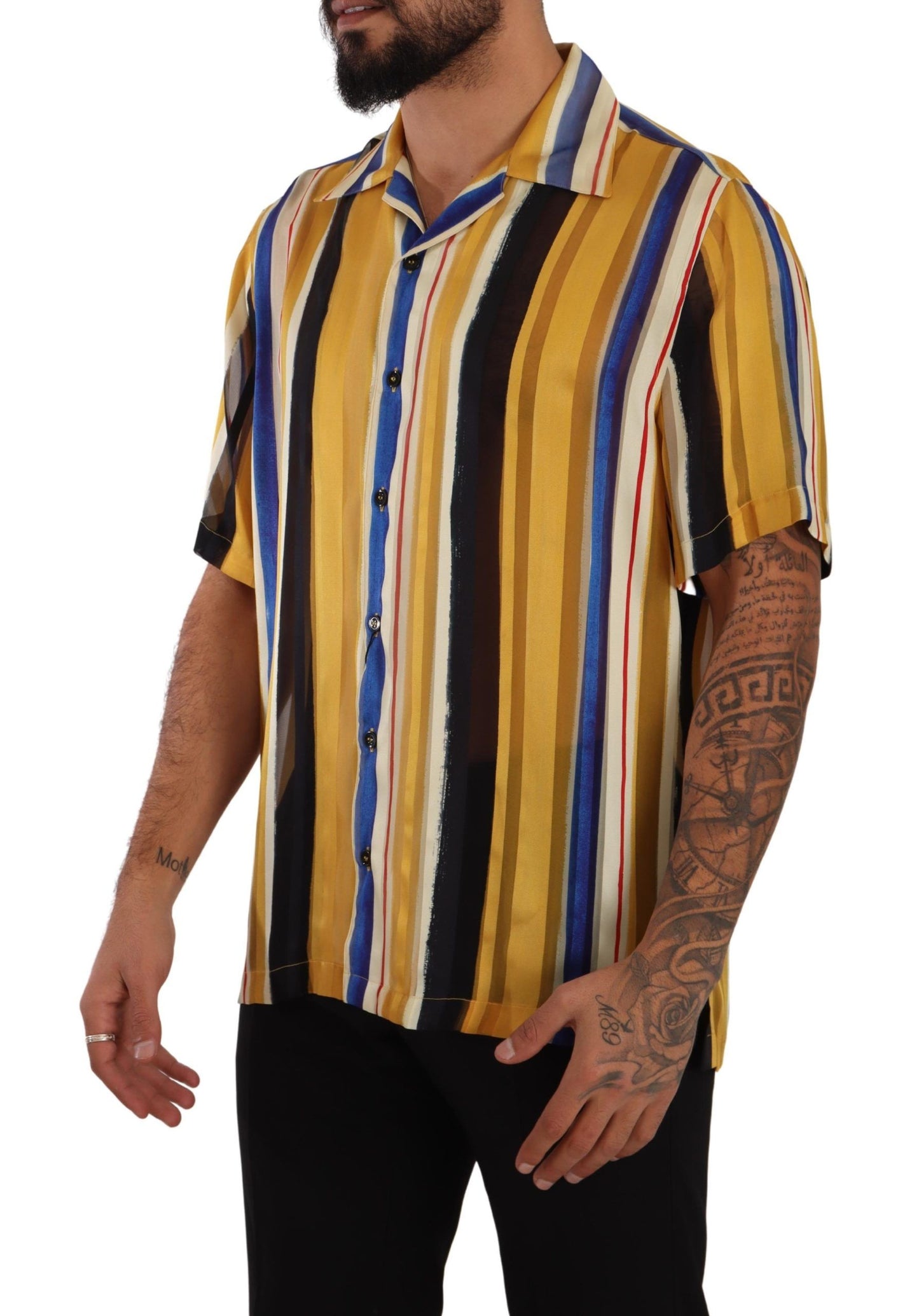 Dolce & Gabbana Yellow Striped Short Sleeve Silk Shirt Dolce & Gabbana