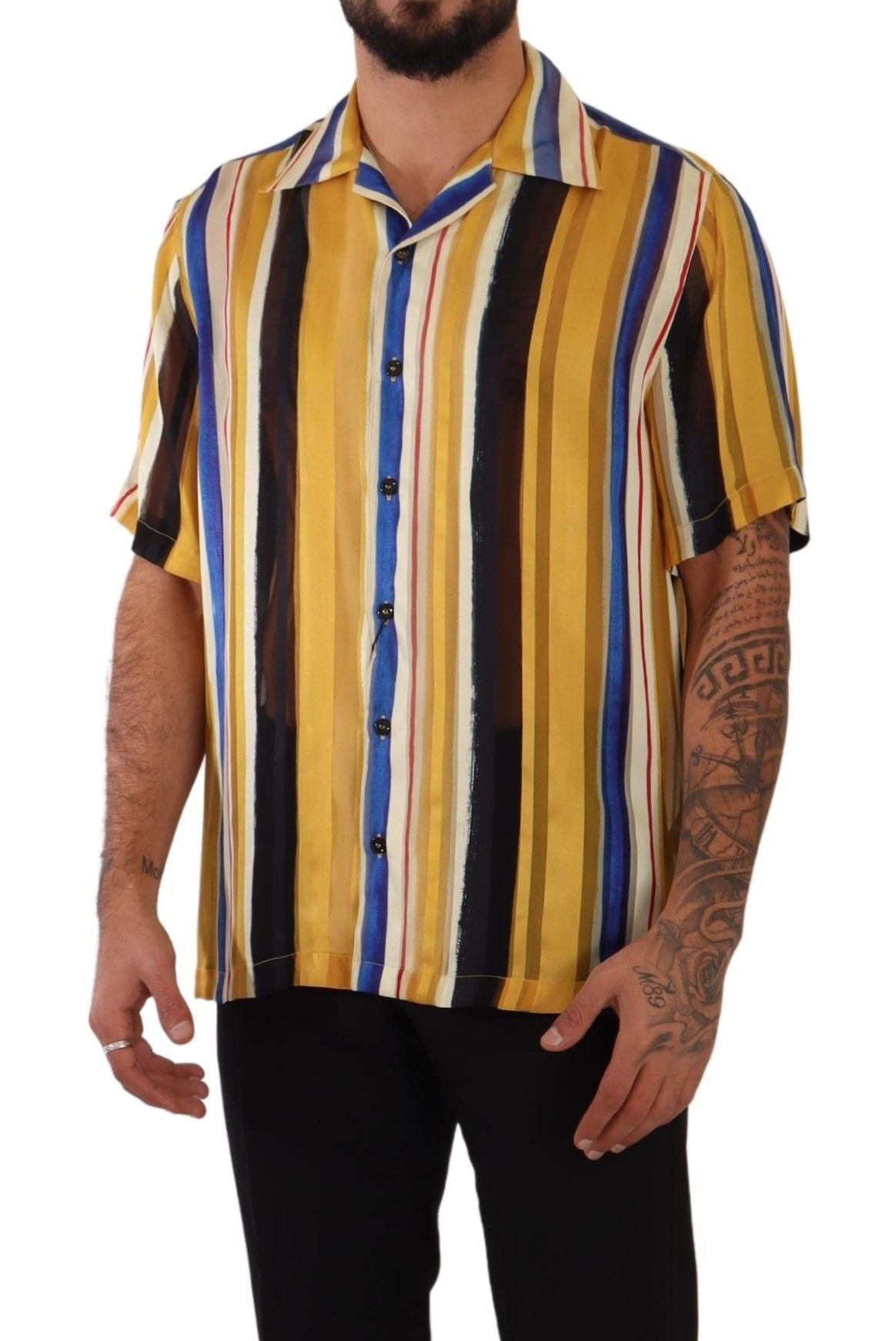 Dolce & Gabbana Yellow Striped Short Sleeve Silk Shirt Dolce & Gabbana