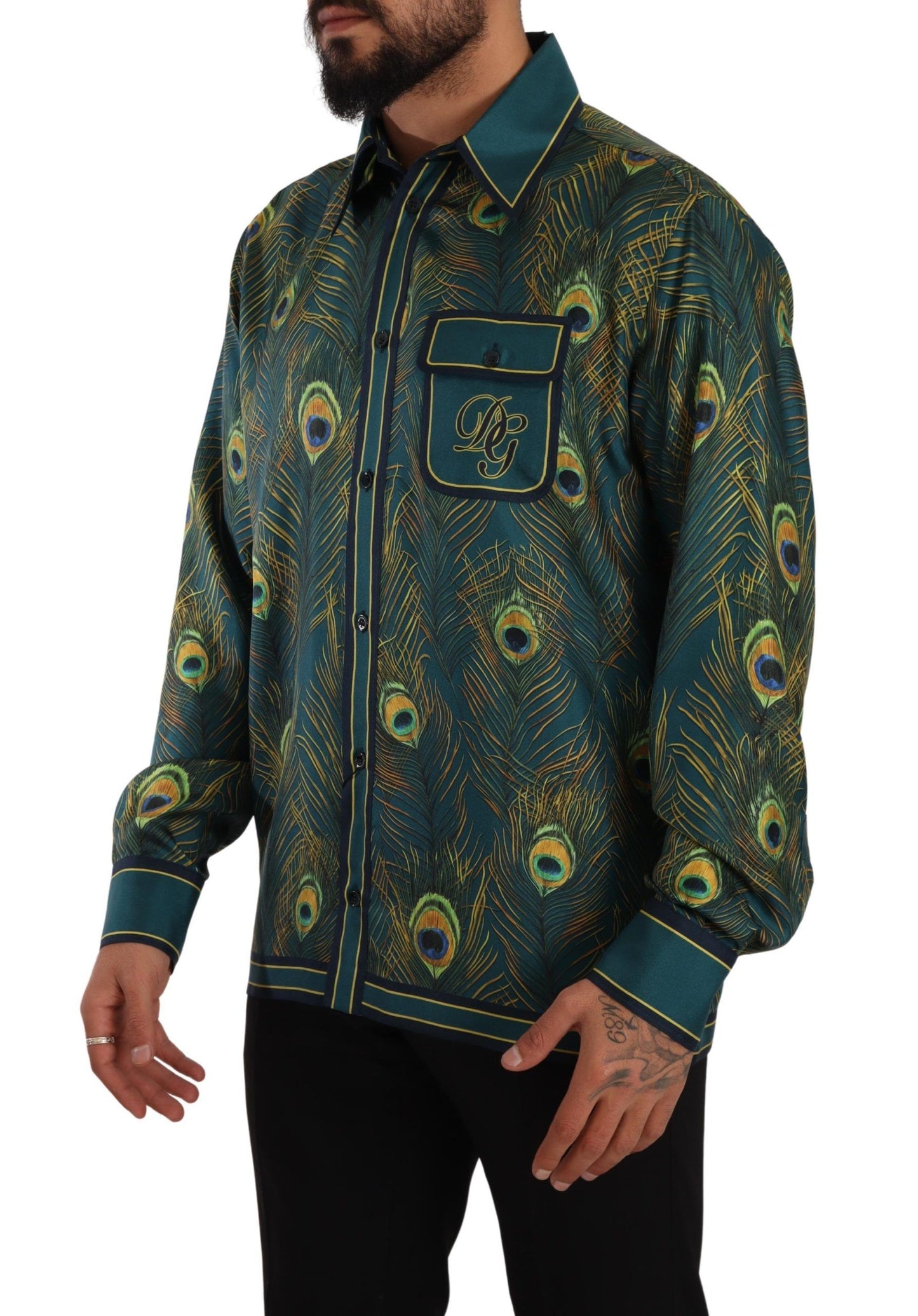 Dolce & Gabbana Peacock Feather Print Silk Pajama Mens Shirt Dolce & Gabbana