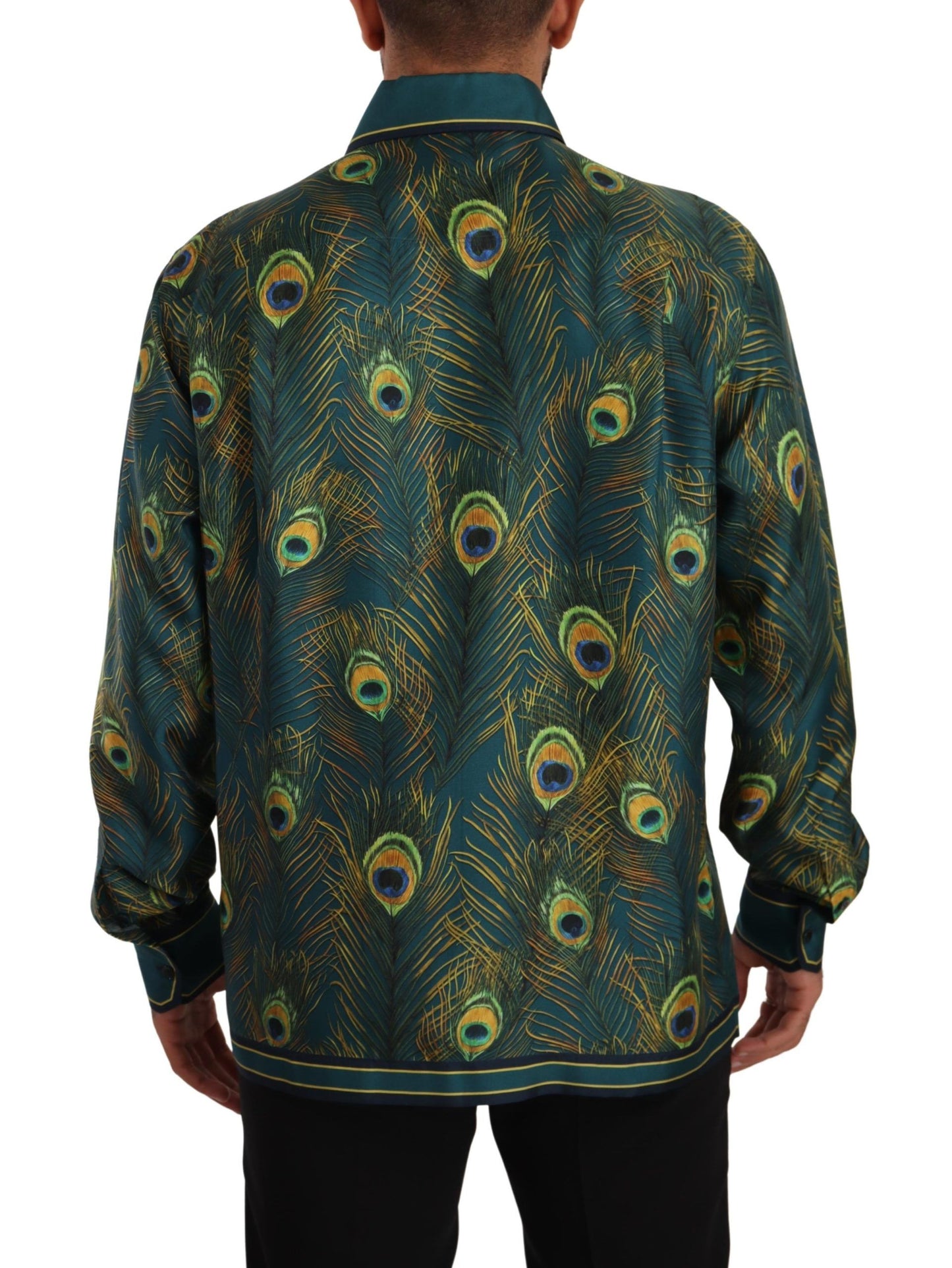 Dolce & Gabbana Peacock Feather Print Silk Pajama Mens Shirt Dolce & Gabbana