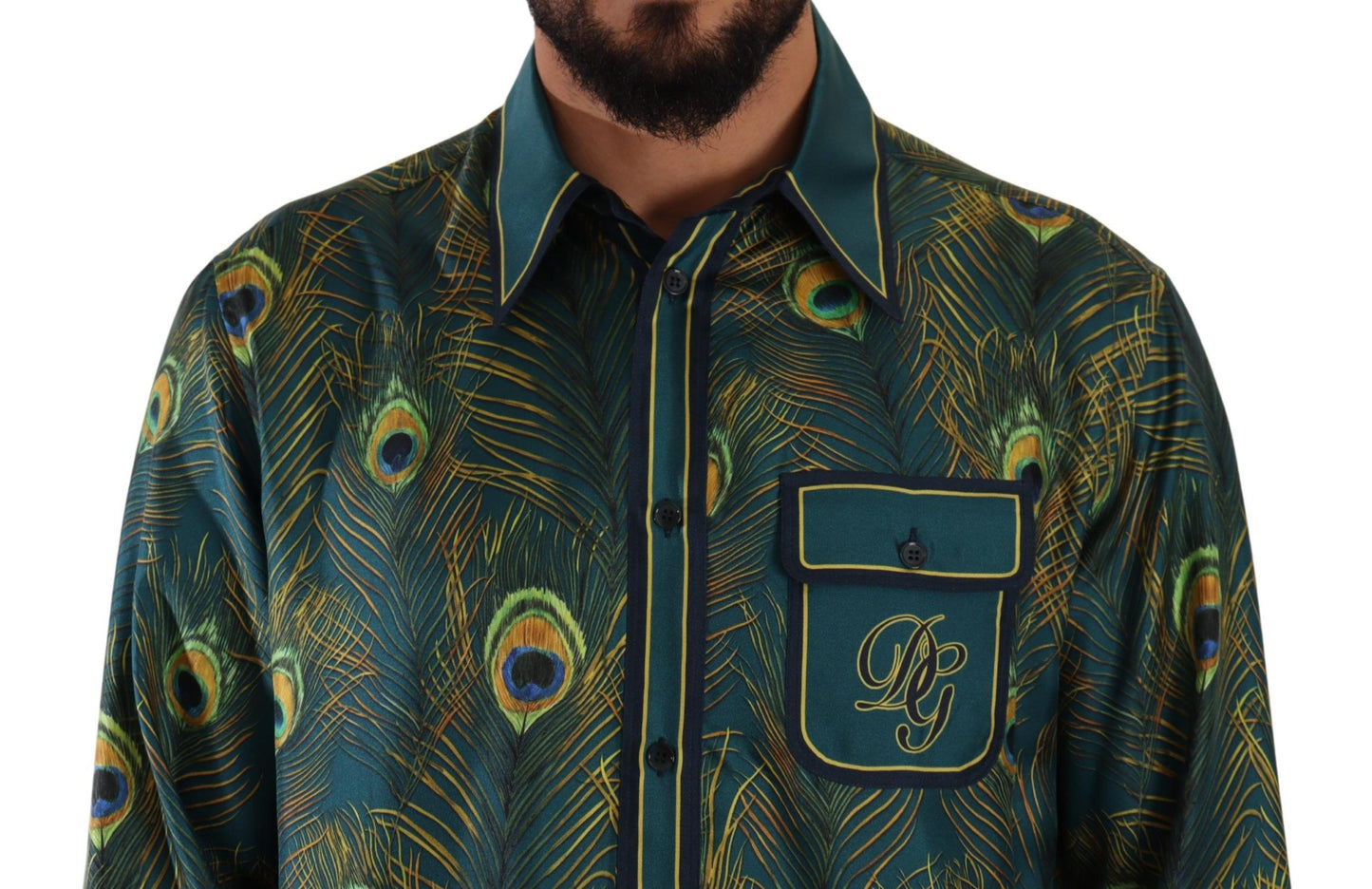 Dolce & Gabbana Peacock Feather Print Silk Pajama Mens Shirt Dolce & Gabbana