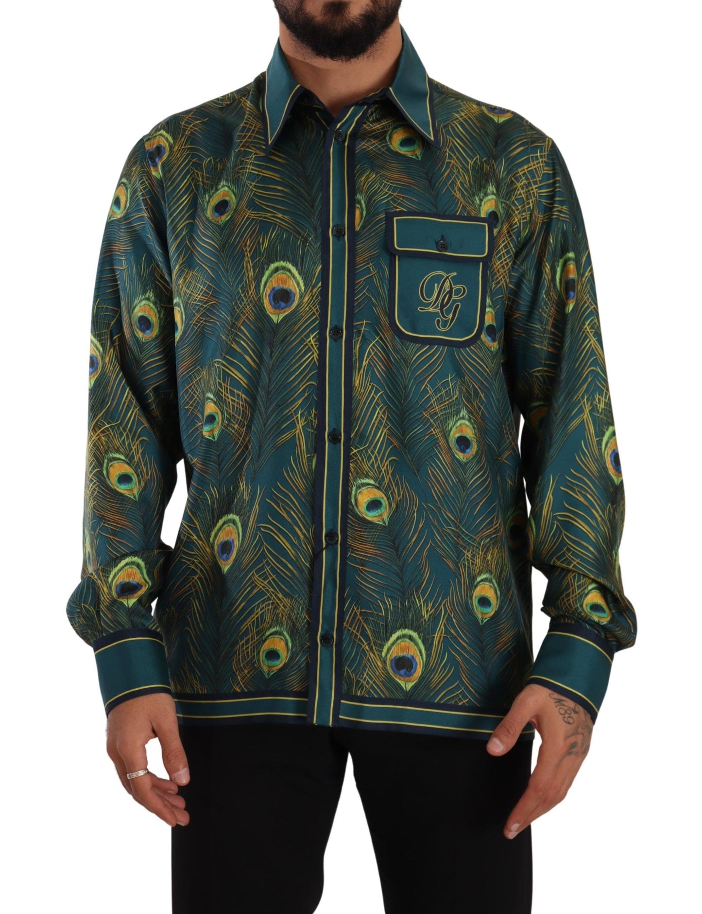 Dolce & Gabbana Peacock Feather Print Silk Pajama Mens Shirt Dolce & Gabbana