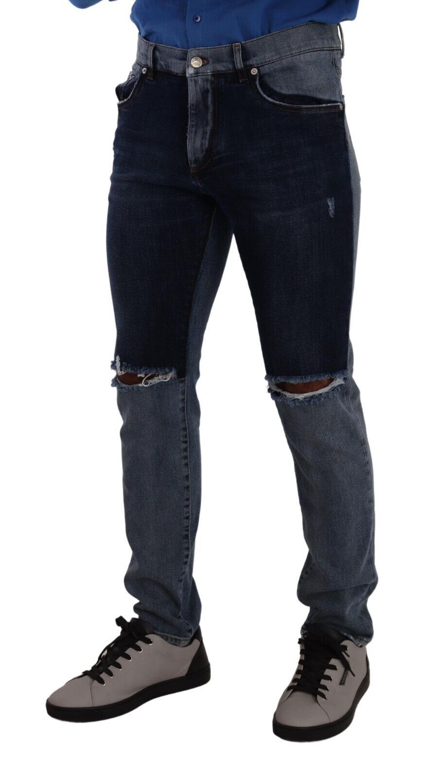 Dolce & Gabbana Blue Two Tone Tattered Cotton Slim Denim Jeans Dolce & Gabbana