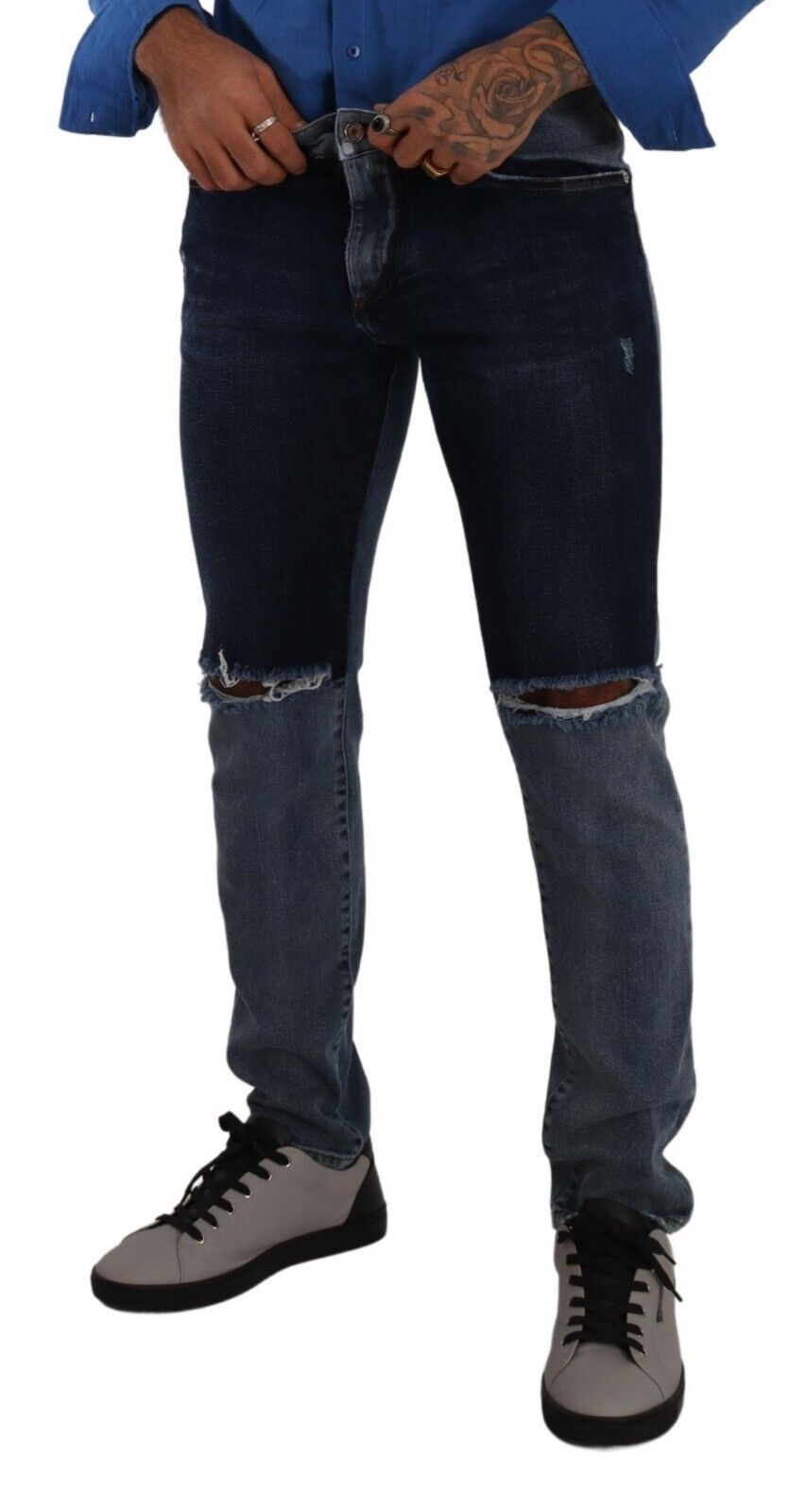 Dolce & Gabbana Blue Two Tone Tattered Cotton Slim Denim Jeans Dolce & Gabbana
