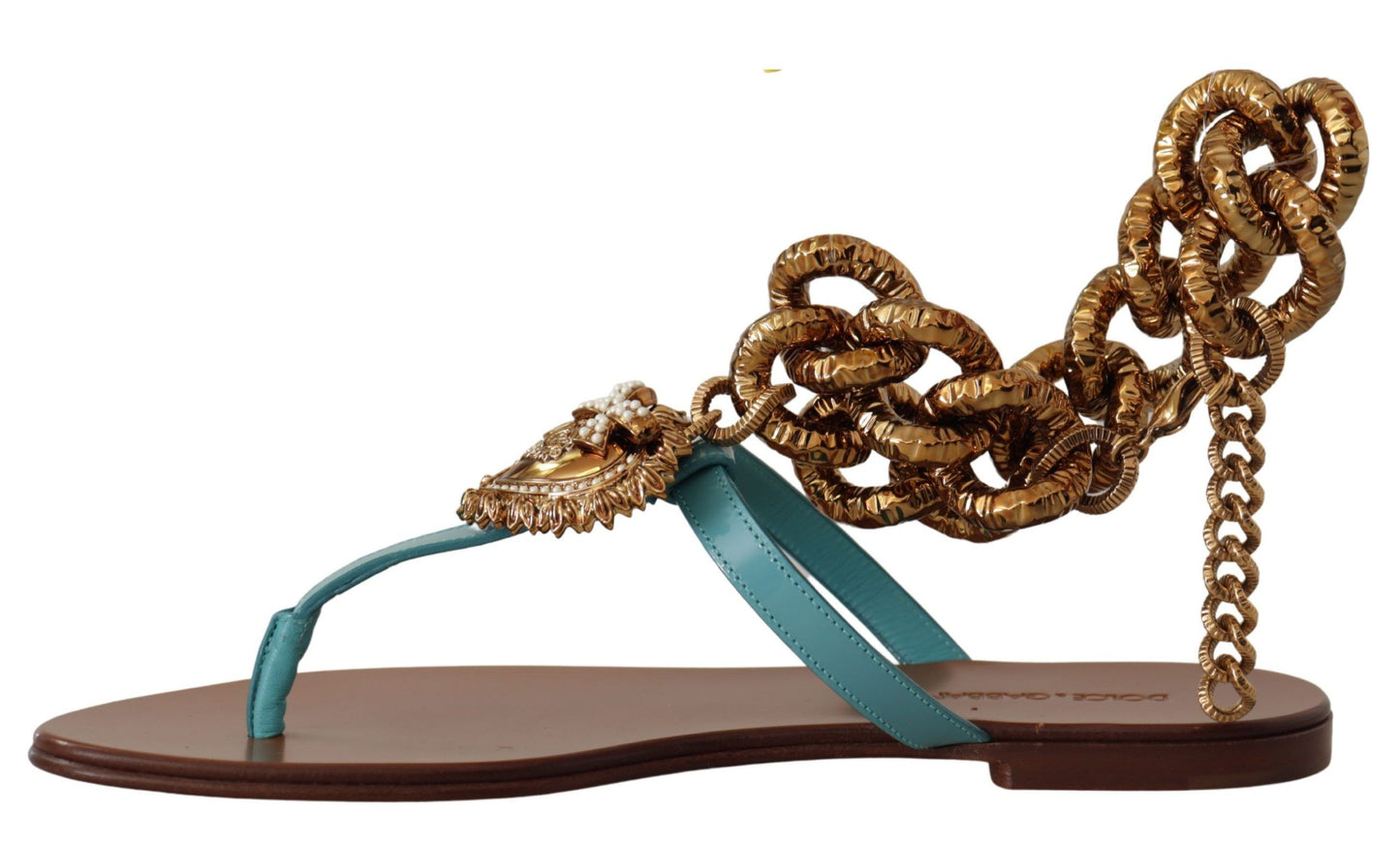 Dolce & Gabbana Blue Leather Devotion Flats Sandals Dolce & Gabbana