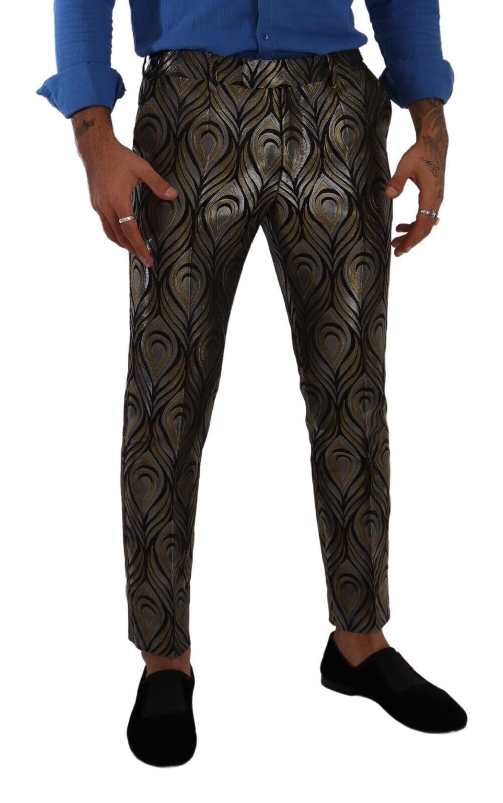 Dolce & Gabbana Silver Gold Jacquard Men Trouser Dress Pants Dolce & Gabbana