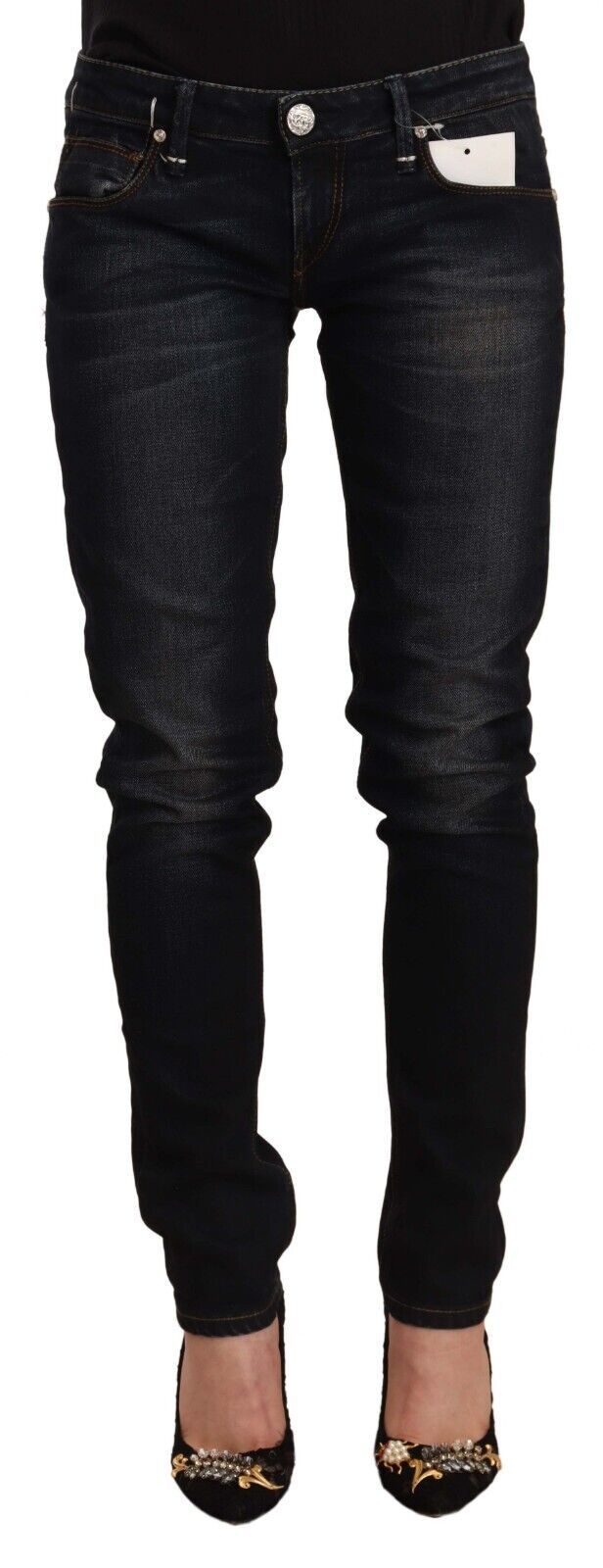 Acht Black Washed Cotton Low Waist Slim Fit Denim Jeans Acht