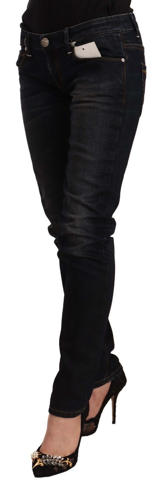 Acht Black Washed Cotton Low Waist Slim Fit Denim Jeans Acht