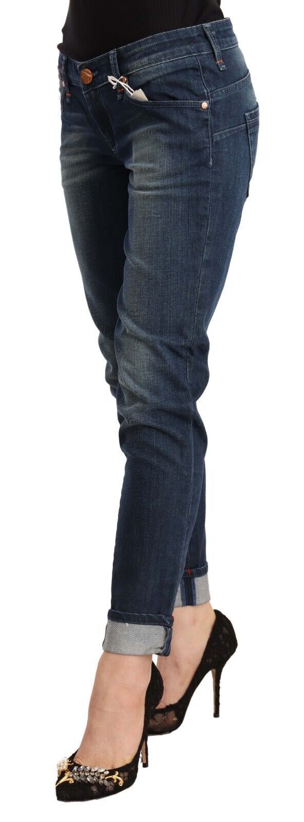 Acht Blue Washed Low Waist Skinny Denim Folded Hem Jeans Acht