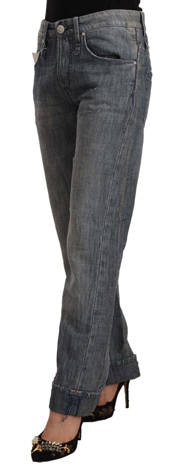 Acht Gray Washed Mid Waist Straight Denim Folded Hem Jeans Acht