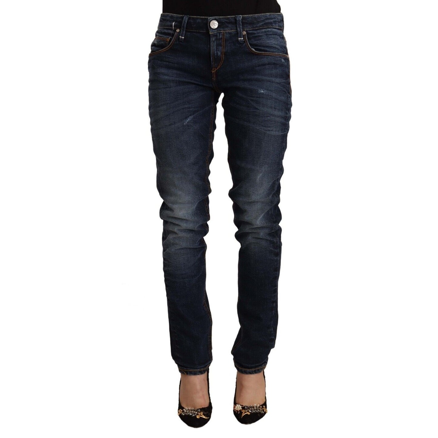 Acht Blue Washed Cotton Mid Waist Skinny Denim Jeans Acht