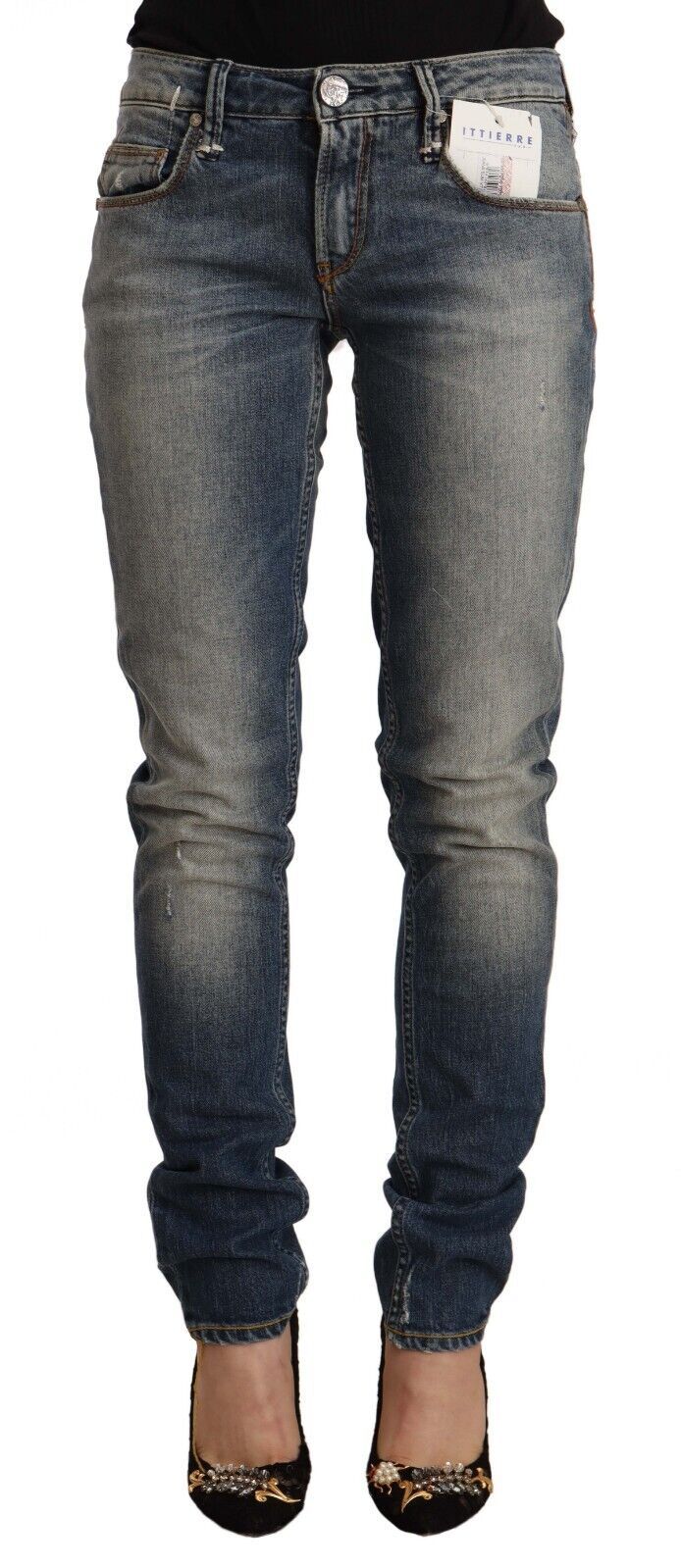 Acht Blue Washed Cotton Mid Waist Skinny Denim Jeans Acht