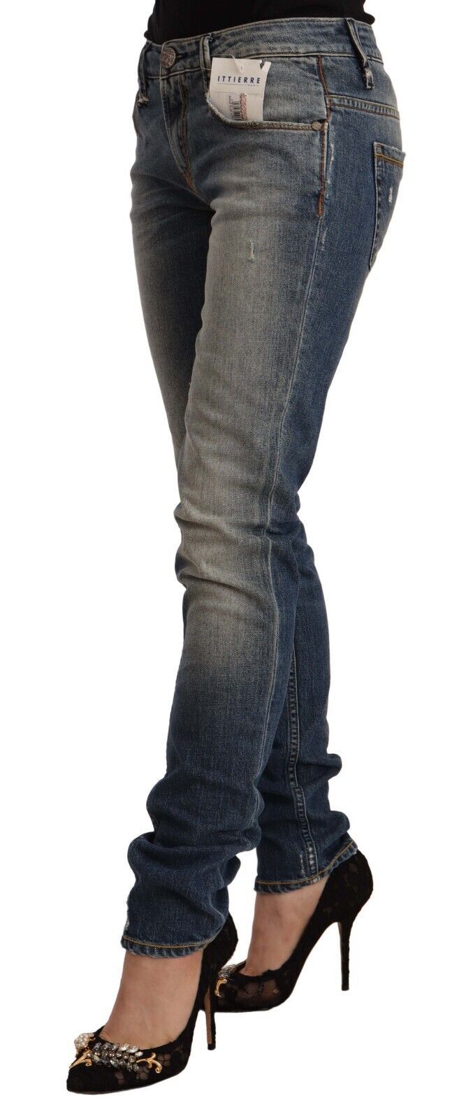 Acht Blue Washed Cotton Mid Waist Skinny Denim Jeans Acht