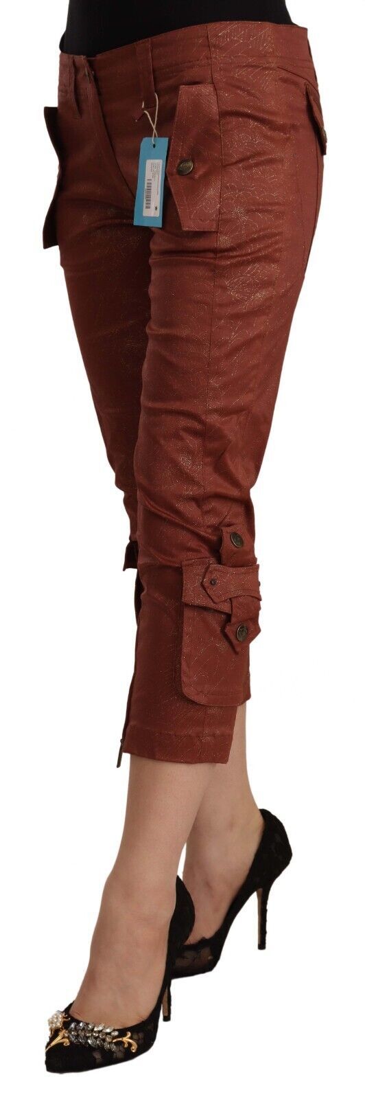Just Cavalli Brown Lurex Mid Waist Cotton Cropped Capri Pants Just Cavalli