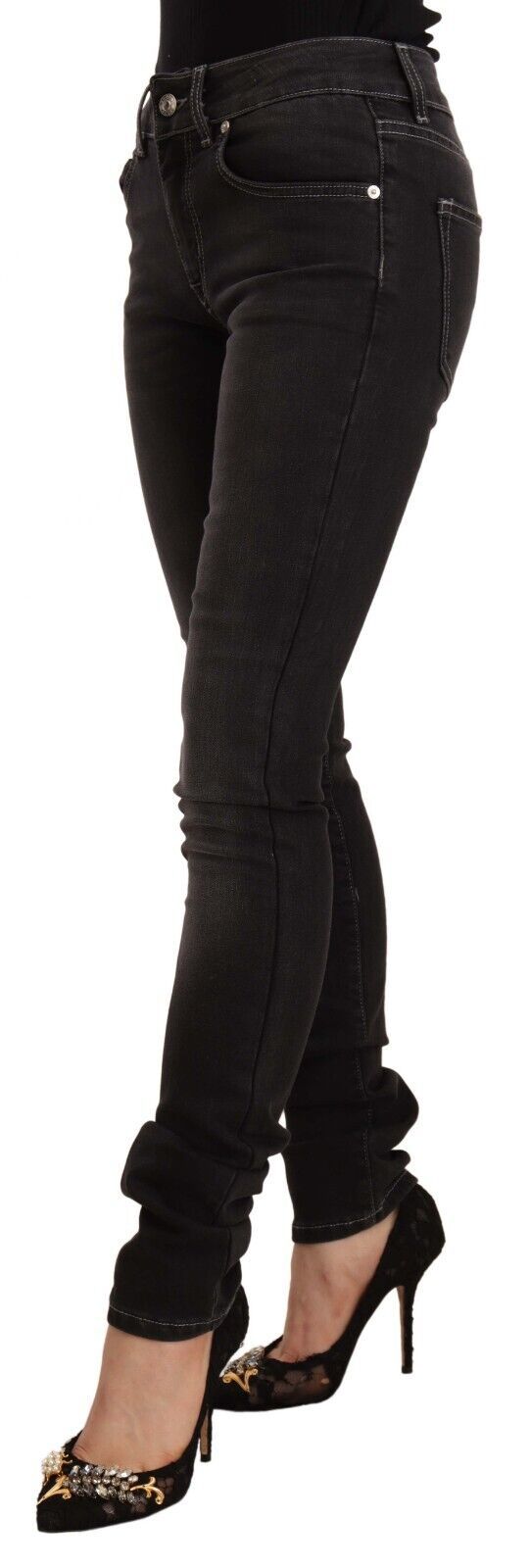 GF Ferre Black Washed Mid Waist Cotton Denim Skinny Jeans GF Ferre