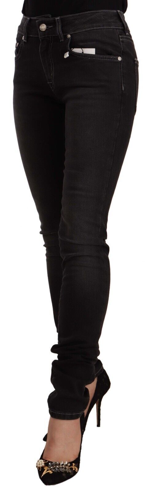GF Ferre Black Washed Mid Waist Cotton Skinny Slim Fit Jeans GF Ferre