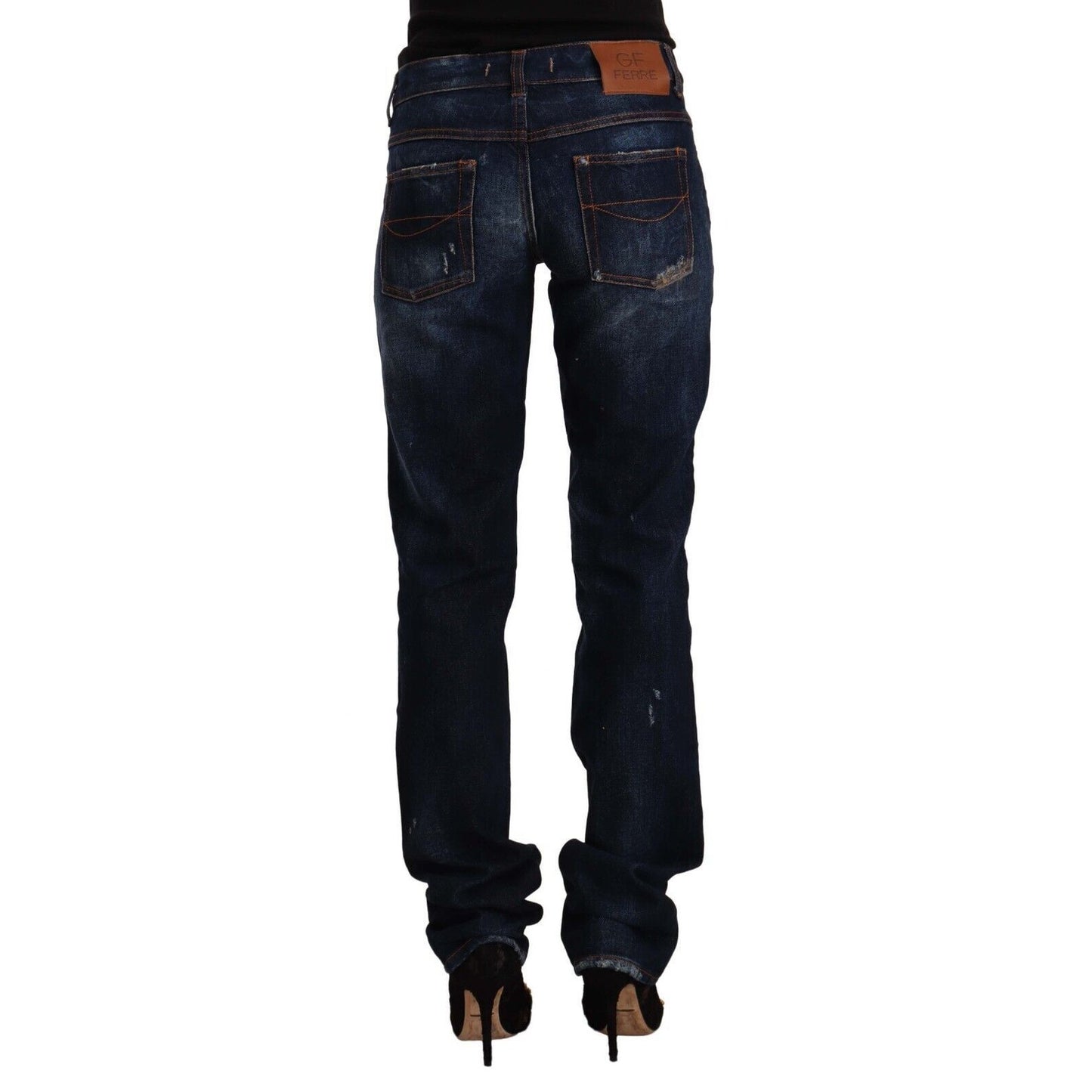 GF Ferre Dark Blue Washed Mid Waist Cotton Denim Straight Jeans GF Ferre