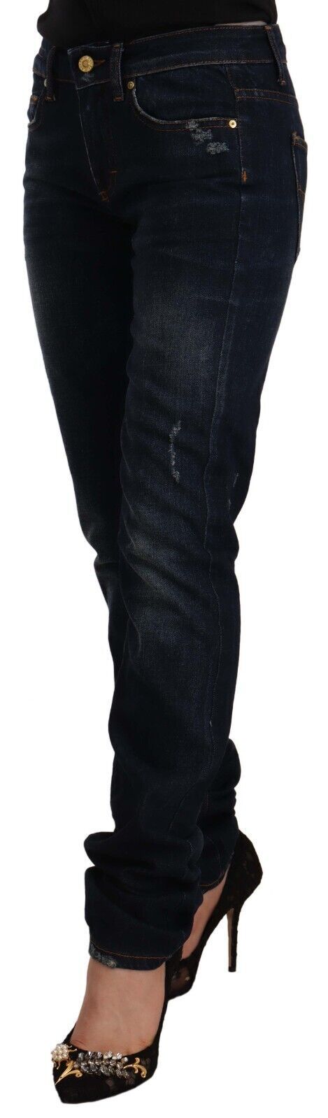 GF Ferre Dark Blue Washed Mid Waist Cotton Denim Skinny Jeans GF Ferre
