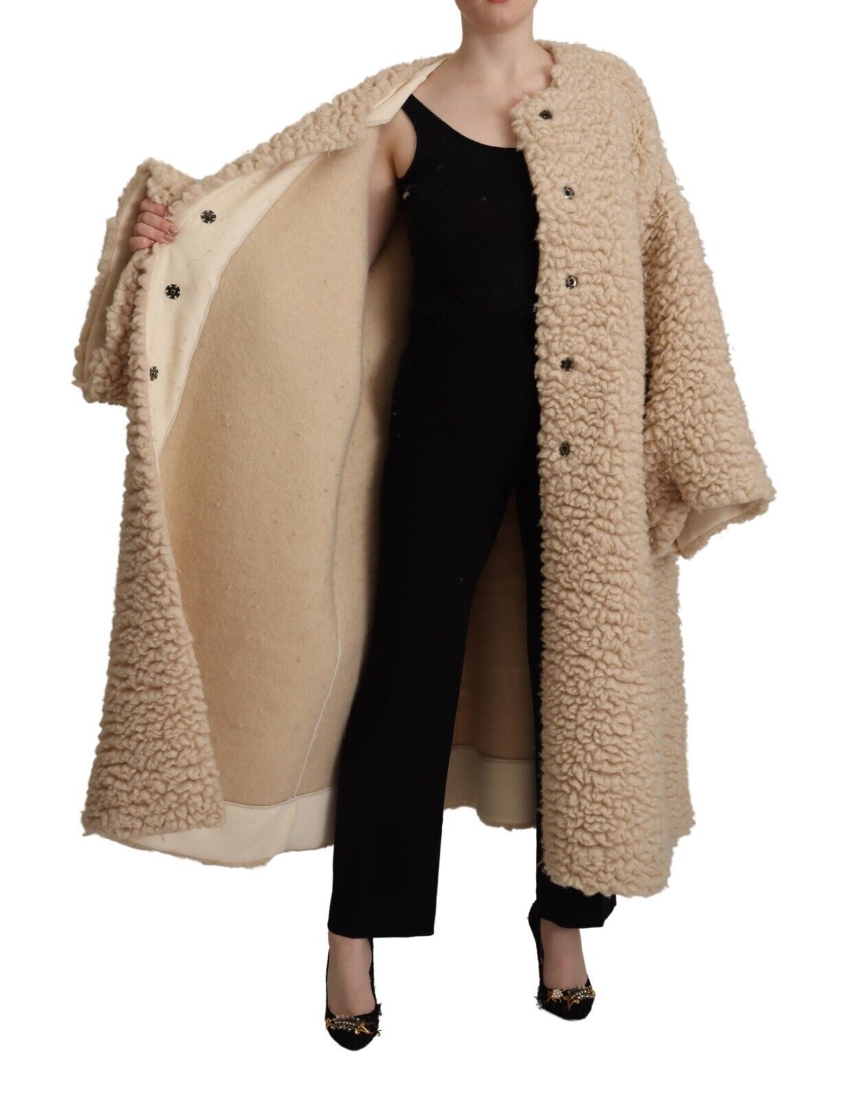 Dolce & Gabbana Beige Cashmere Wool Faux Fur Coat Jacket Dolce & Gabbana