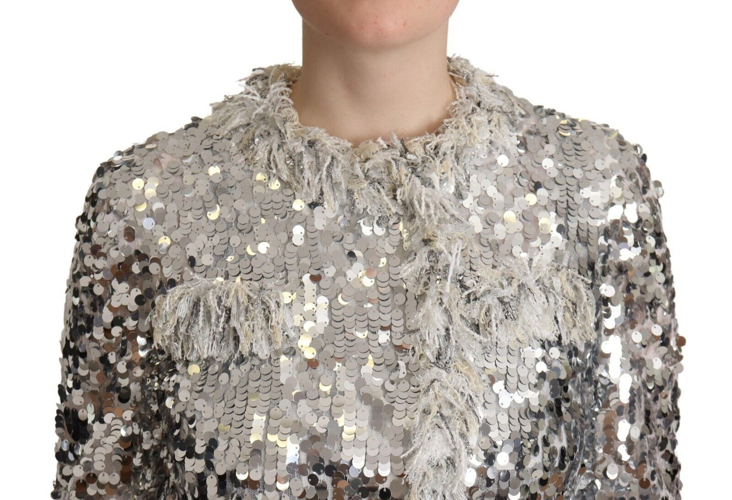 Dolce & Gabbana Silver Sequined Shearling Long Sleeves Jacket Dolce & Gabbana