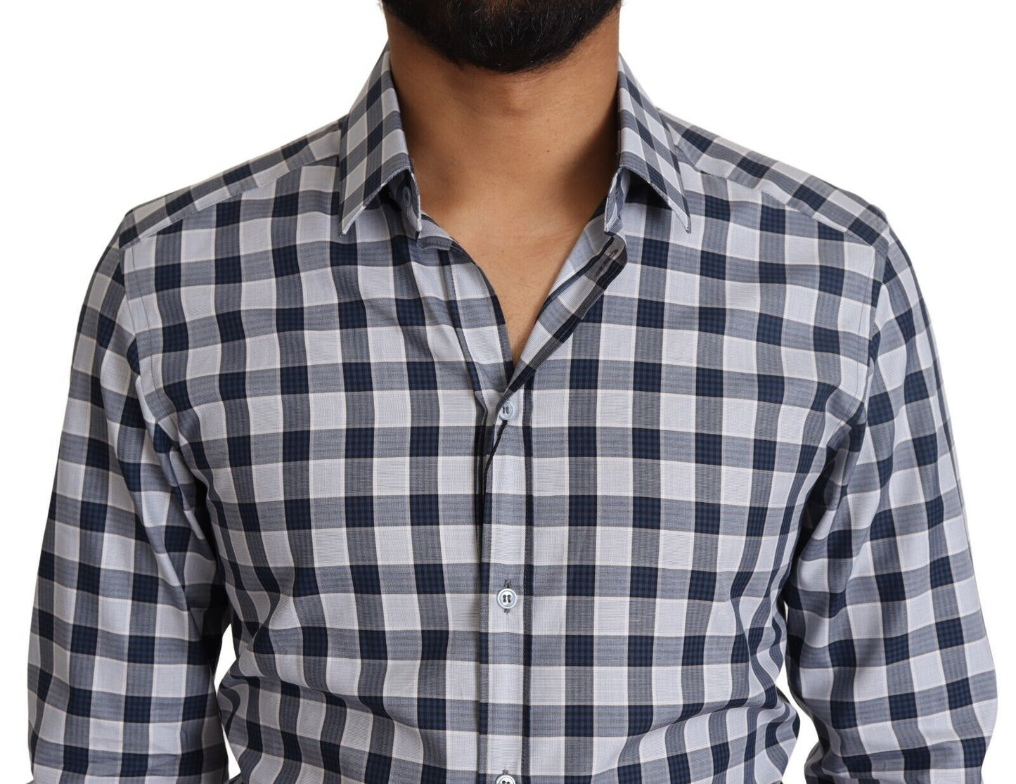 Dolce & Gabbana Blue White Check Cotton Slim Fit GOLD Shirt Dolce & Gabbana