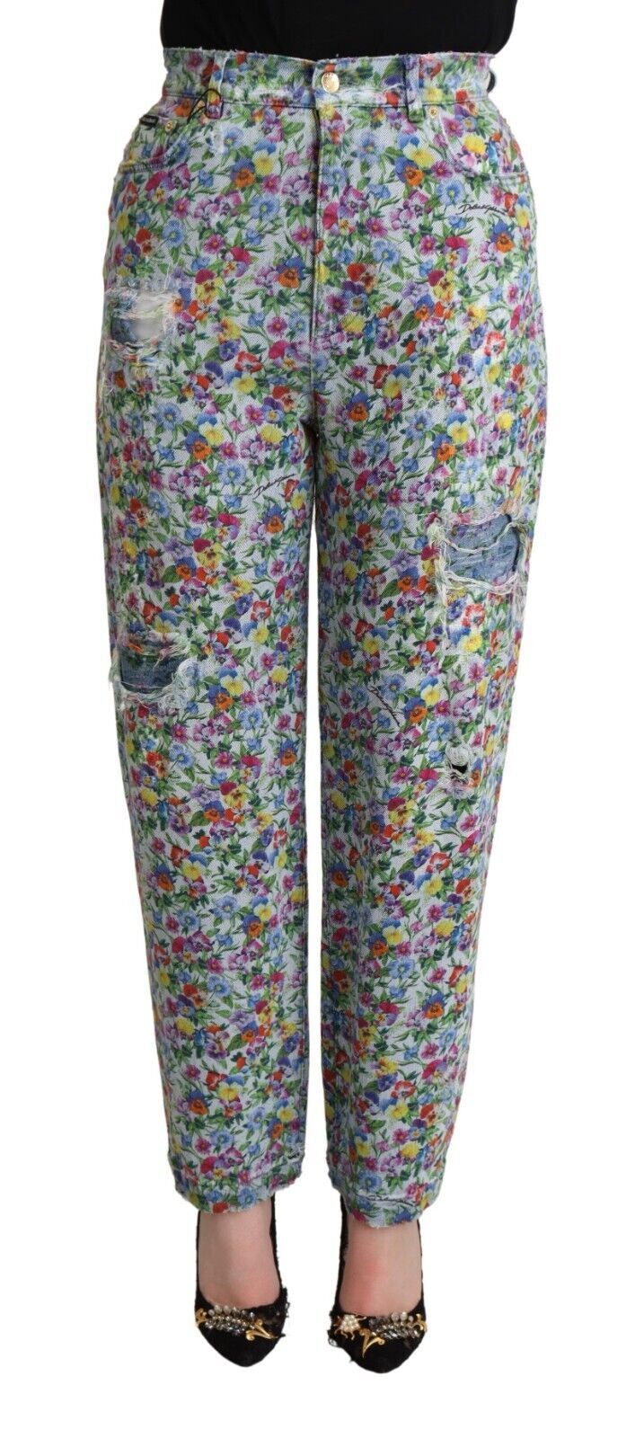 Dolce & Gabbana Blue Floral Print High Waist Denim Tapered Jeans Dolce & Gabbana