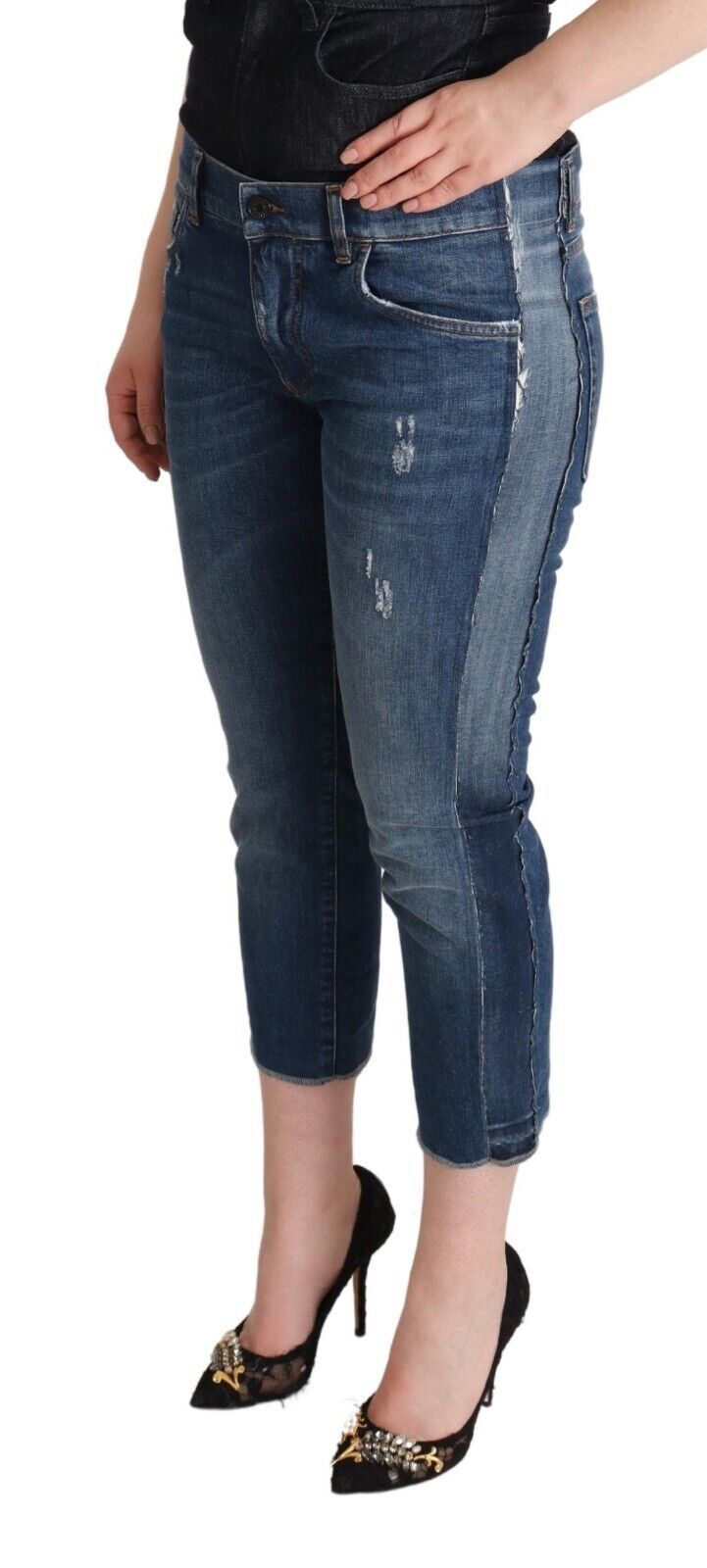 Dolce & Gabbana Blue Washed Mid Waist Denim Logo Cropped Jeans Dolce & Gabbana