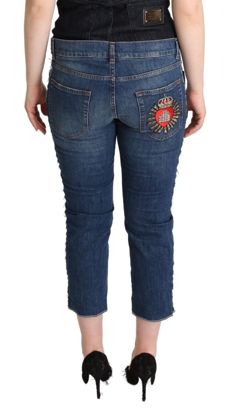 Dolce & Gabbana Blue Washed Mid Waist Denim Logo Cropped Jeans Dolce & Gabbana