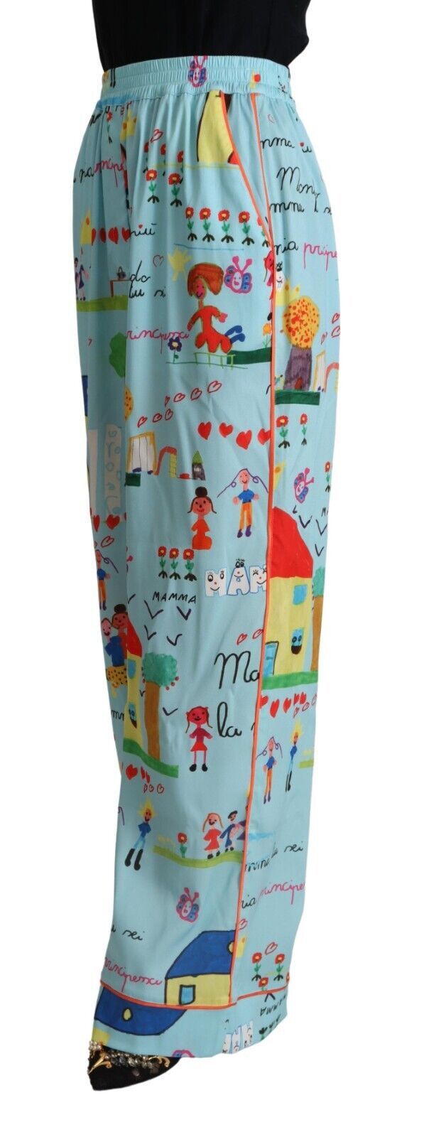 Dolce & Gabbana Light Blue Drawing Mid Waist Wide Leg Pants Dolce & Gabbana