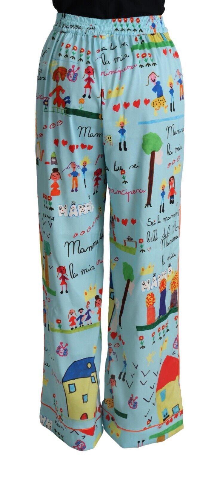 Dolce & Gabbana Light Blue Drawing Mid Waist Wide Leg Pants Dolce & Gabbana