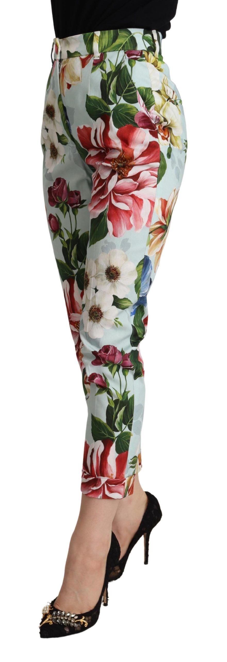 Dolce & Gabbana Light Blue Fiori Print Cotton Trouser Tapered Pants Dolce & Gabbana