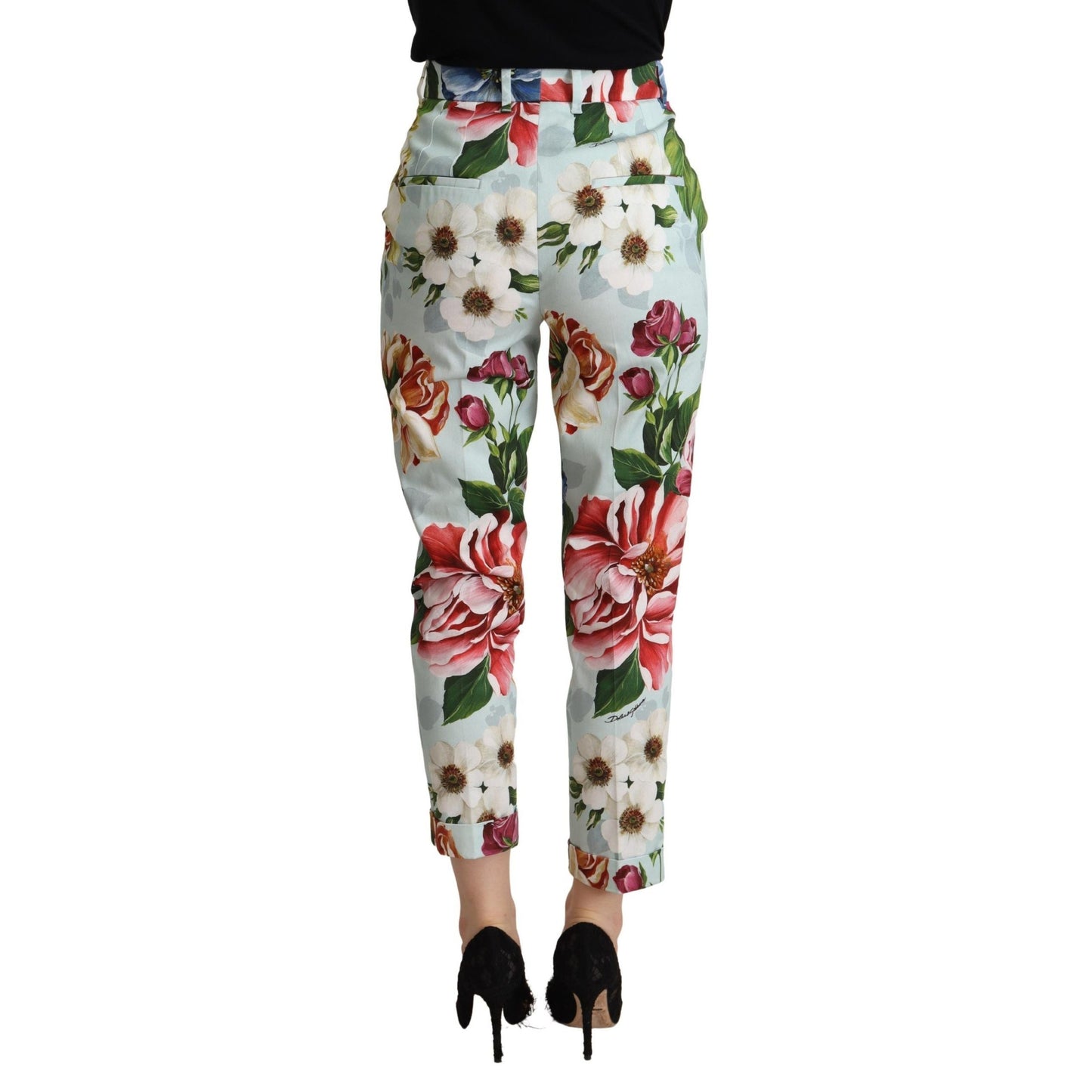 Dolce & Gabbana Light Blue Fiori Print Cotton Trouser Tapered Pants