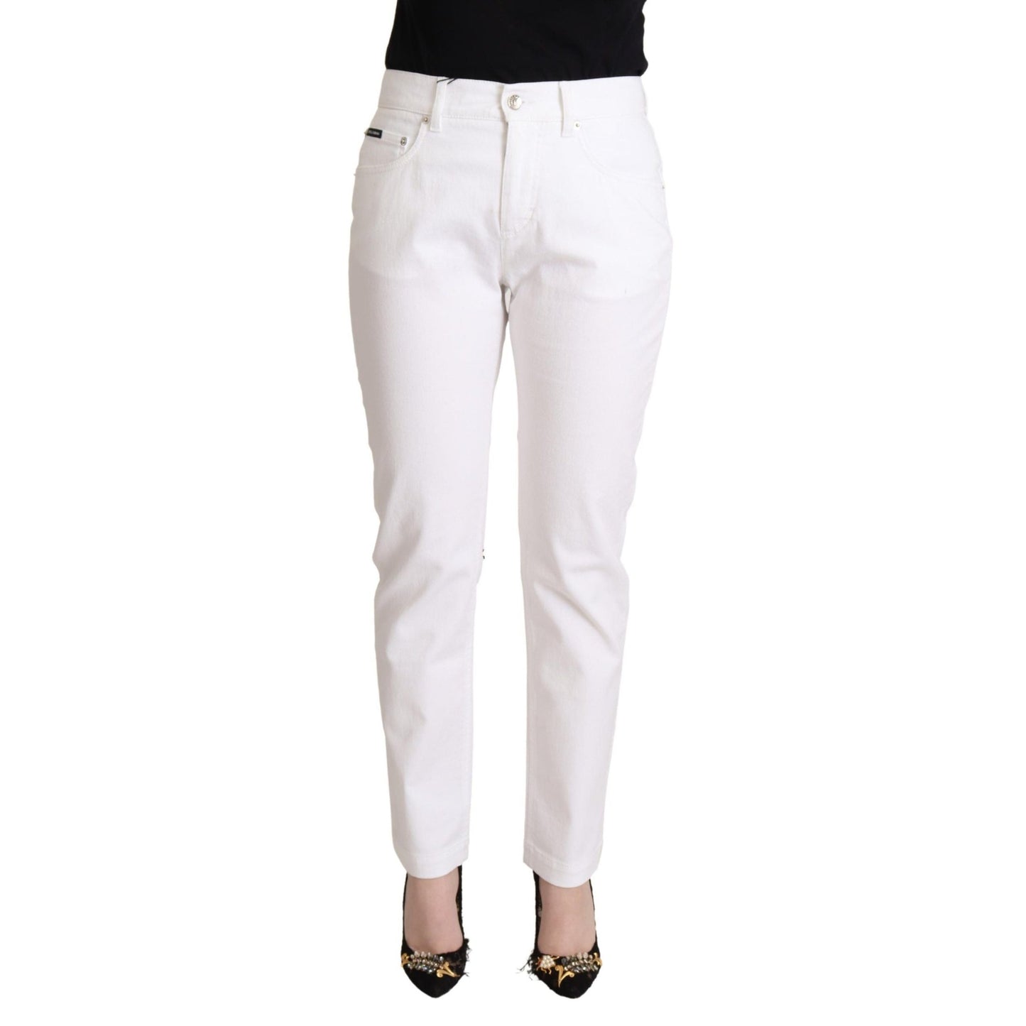 Dolce & Gabbana White Cotton Mid Waist Denim Tapered Jeans Dolce & Gabbana