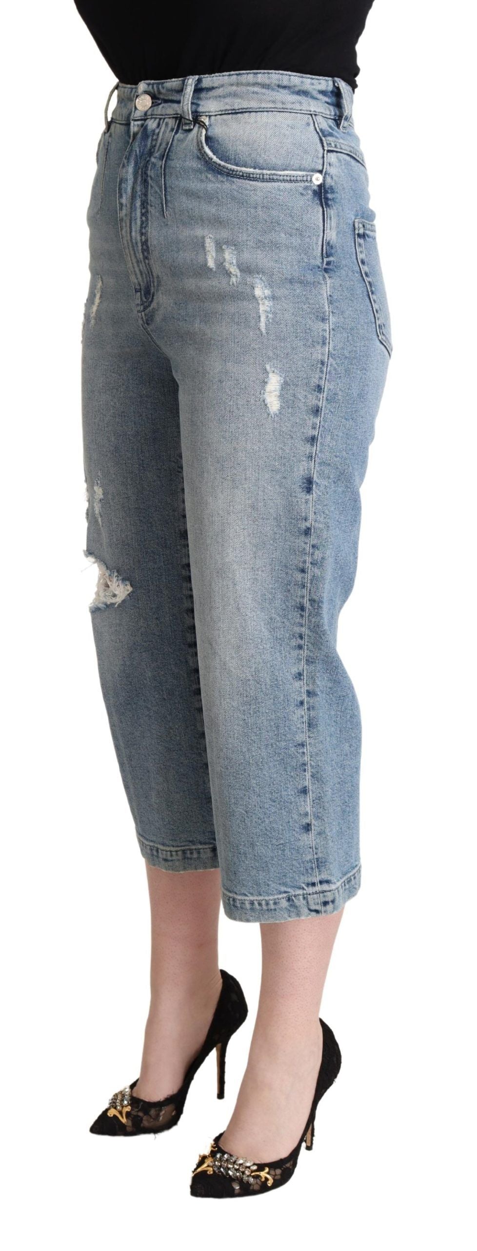 Dolce & Gabbana Blue Tattered Cotton Denim Capri Cropped Jeans Dolce & Gabbana